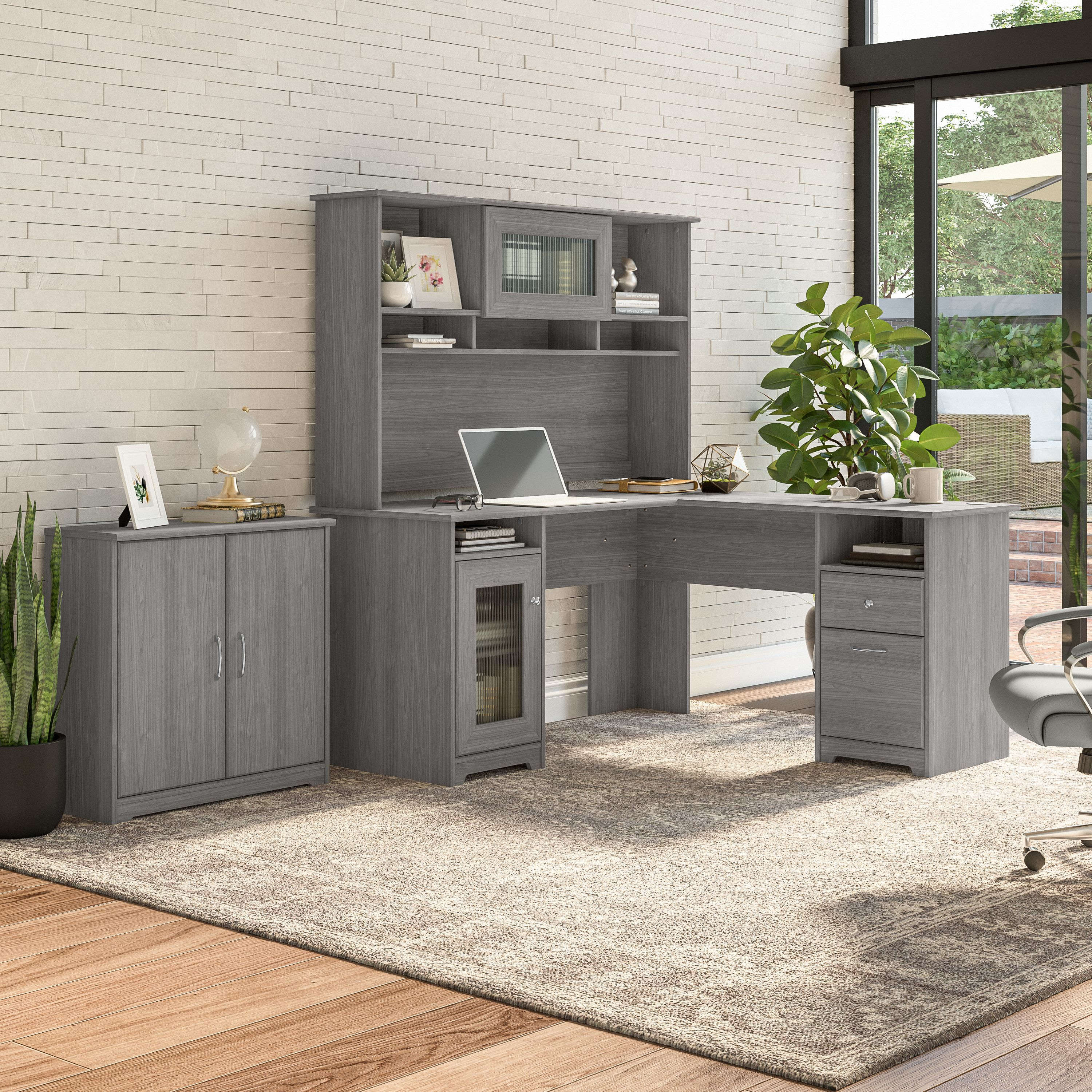 Shop Bush Furniture Cabot 60W L Shaped Computer Desk with Hutch and Small Storage Cabinet 01 CAB016MG #color_modern gray