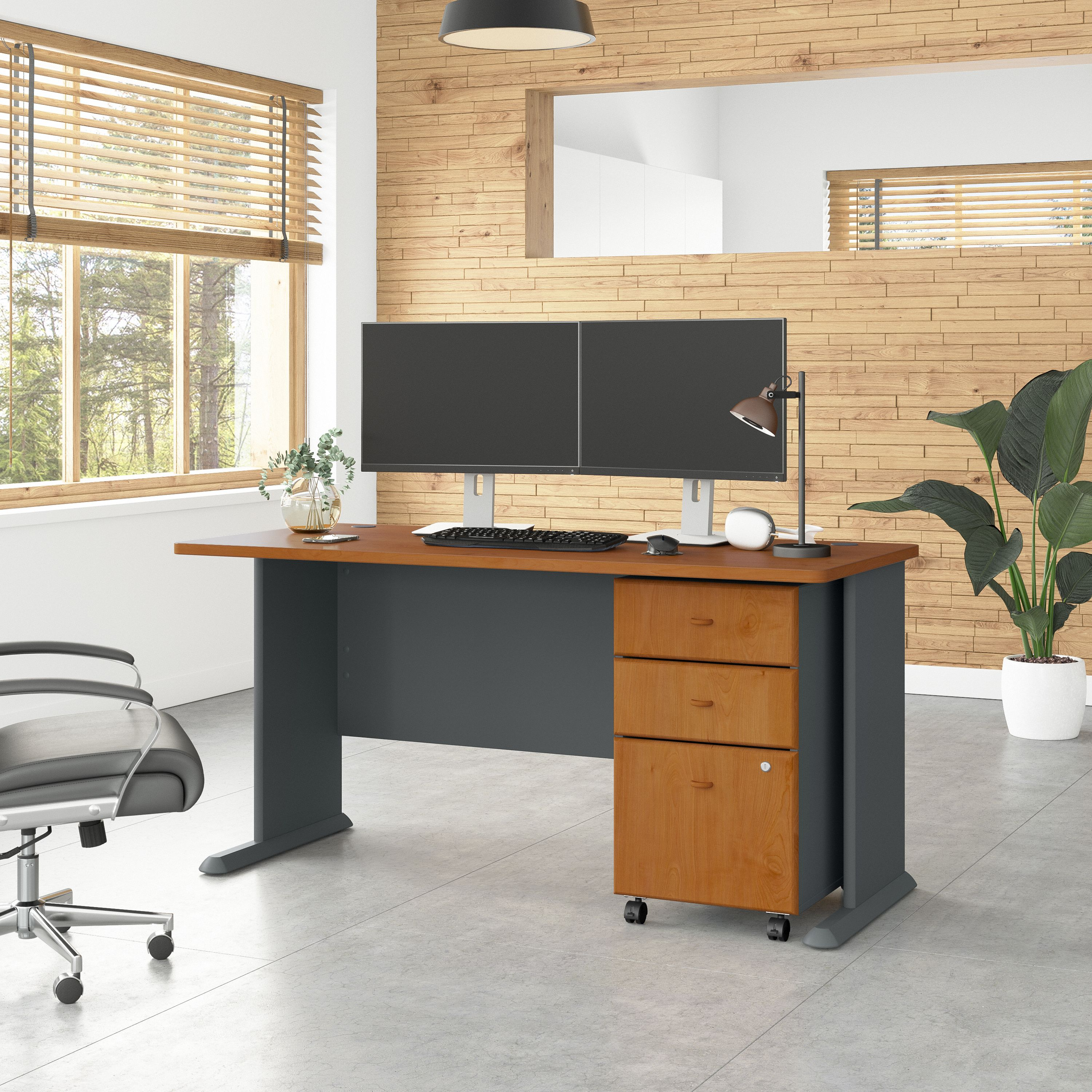 Shop Bush Business Furniture Series A 60W Desk with Mobile File Cabinet 01 SRA003NCSU #color_natural cherry/slate