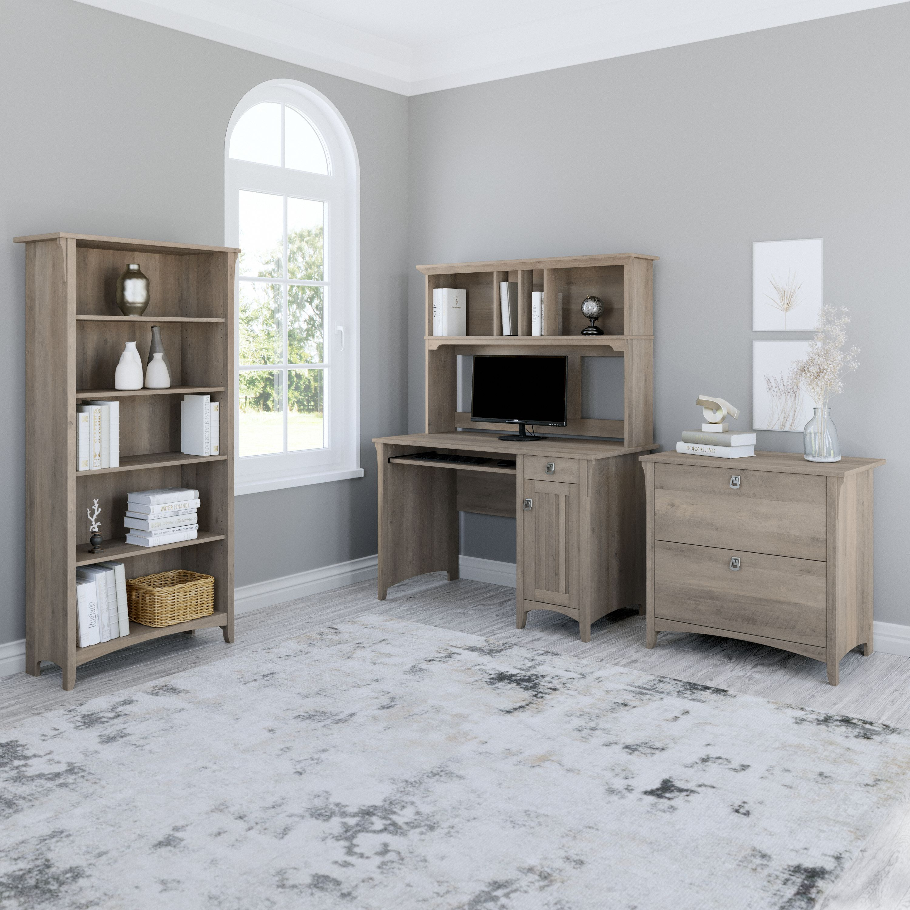 Shop Bush Furniture Salinas Mission Desk with Hutch, Lateral File Cabinet and 5 Shelf Bookcase 01 SAL002DG #color_driftwood gray