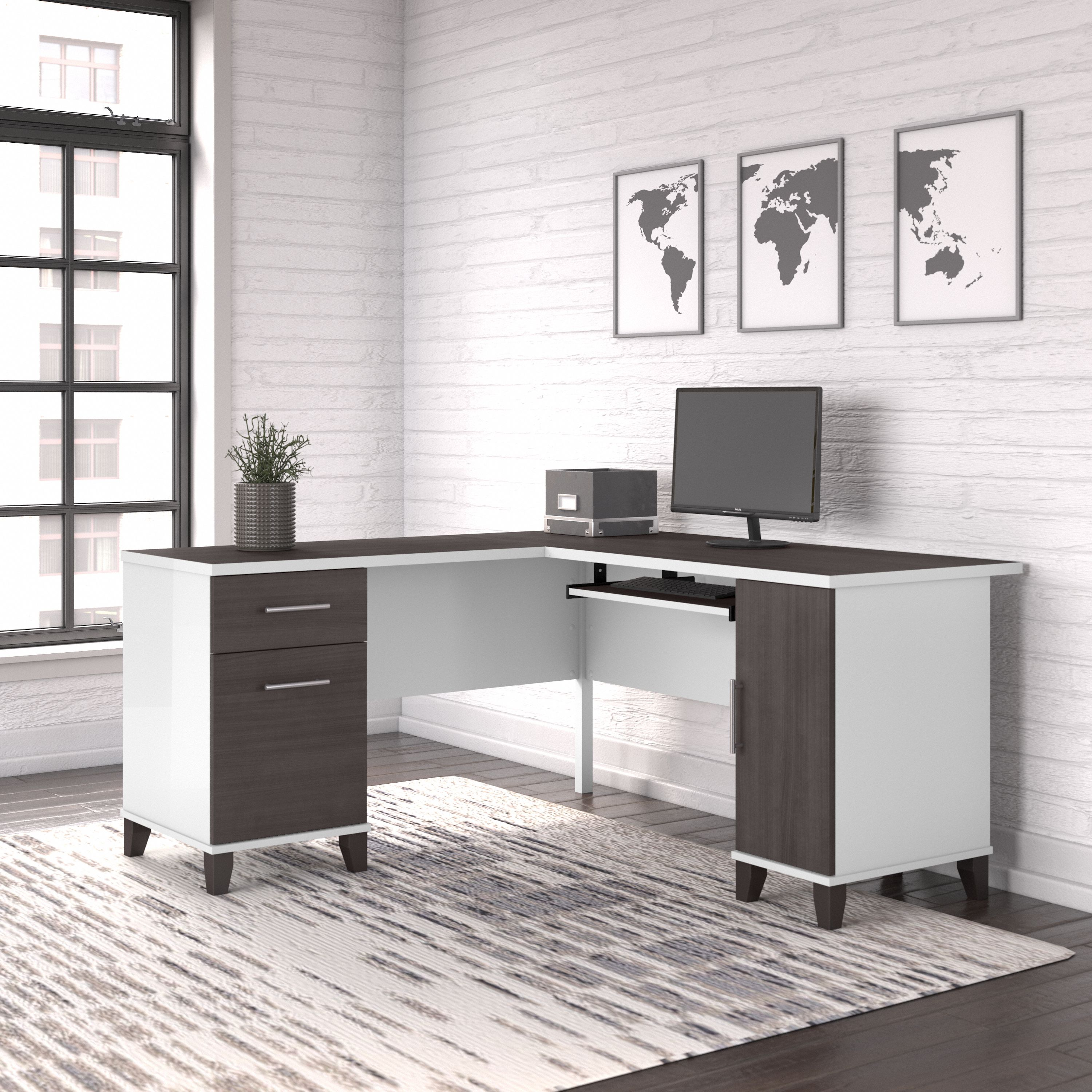 Shop Bush Furniture Somerset 60W L Shaped Desk with Storage 01 WC81030K #color_storm gray/white
