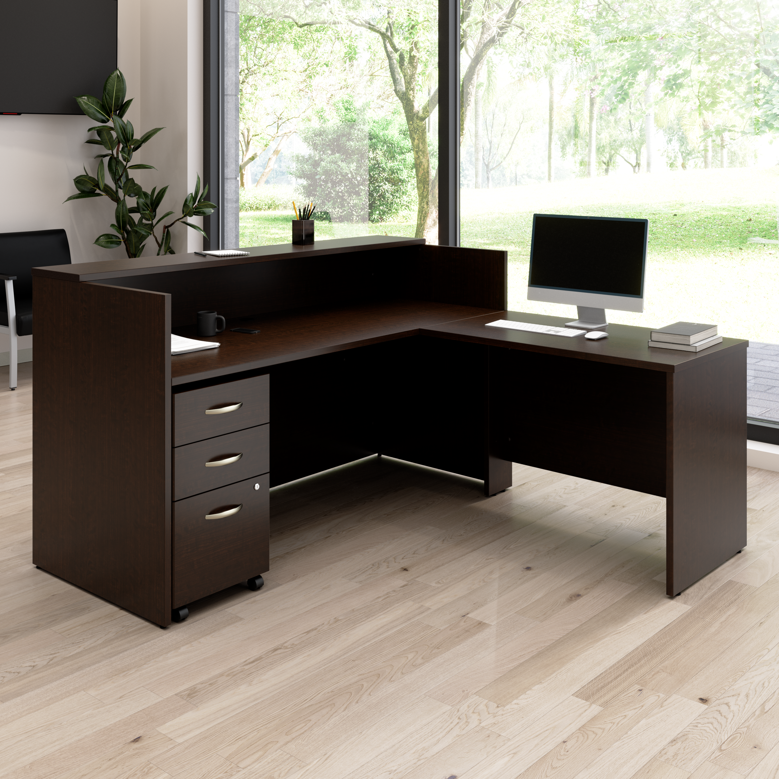 Shop Bush Business Furniture Arrive 72W x 72D L Shaped Reception Desk with Shelf and Mobile File Cabinet 01 ARV007MR #color_mocha cherry
