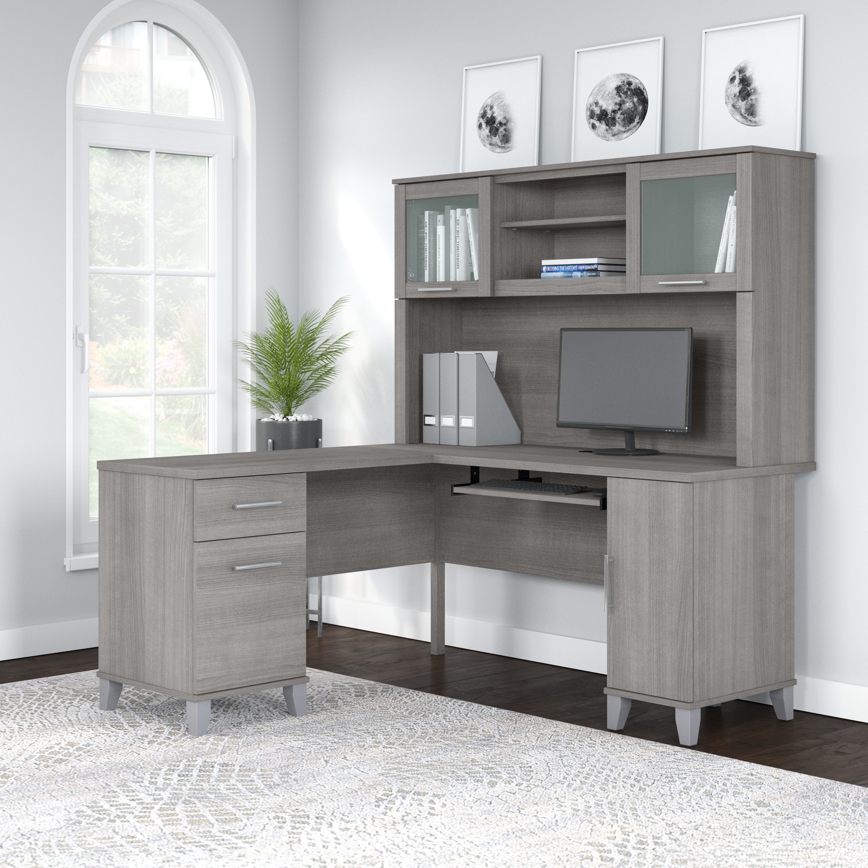 Shop Bush Furniture Somerset 60W L Shaped Desk with Hutch 01 SET002PG #color_platinum gray