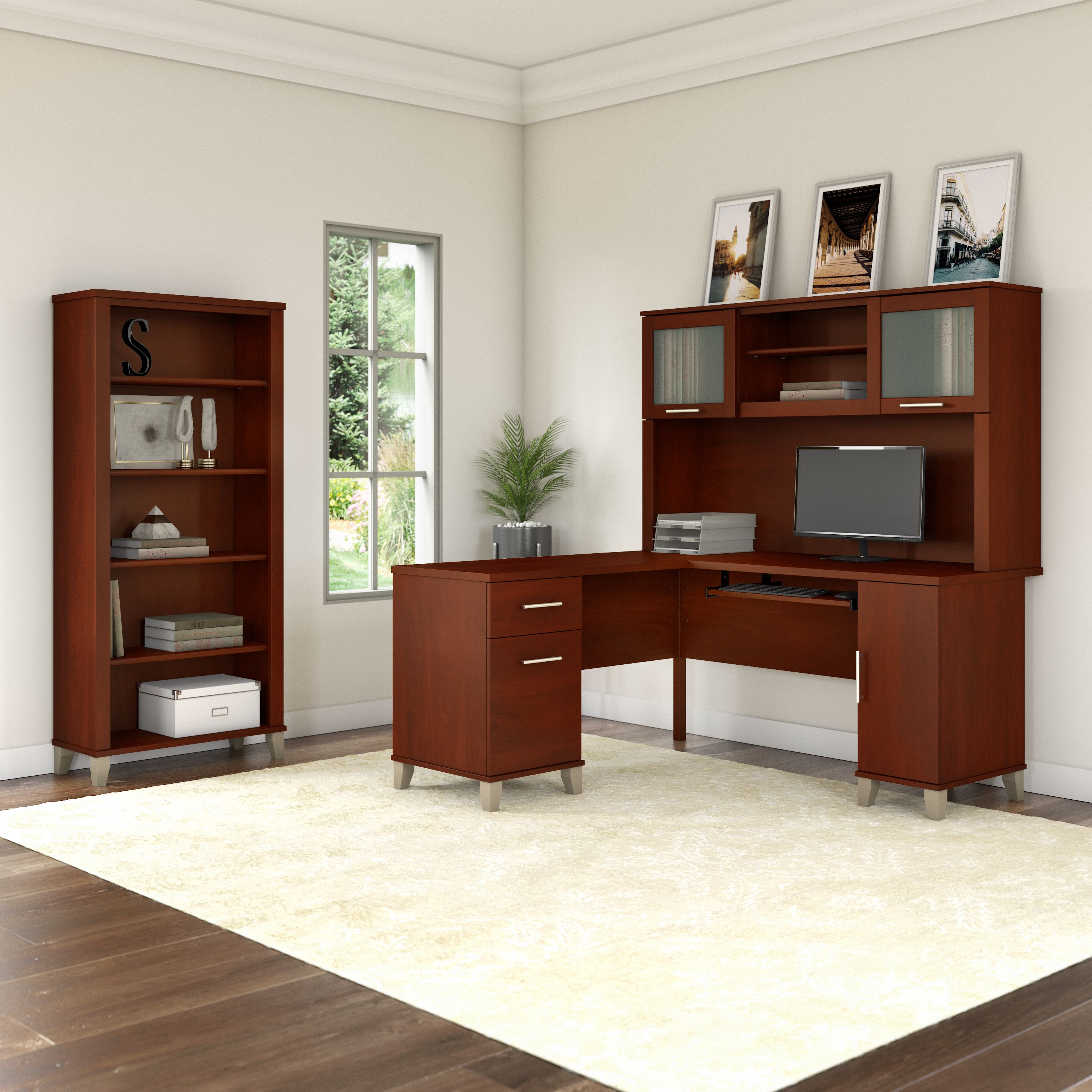Shop Bush Furniture Somerset 60W L Shaped Desk with Hutch and 5 Shelf Bookcase 01 SET010HC #color_hansen cherry