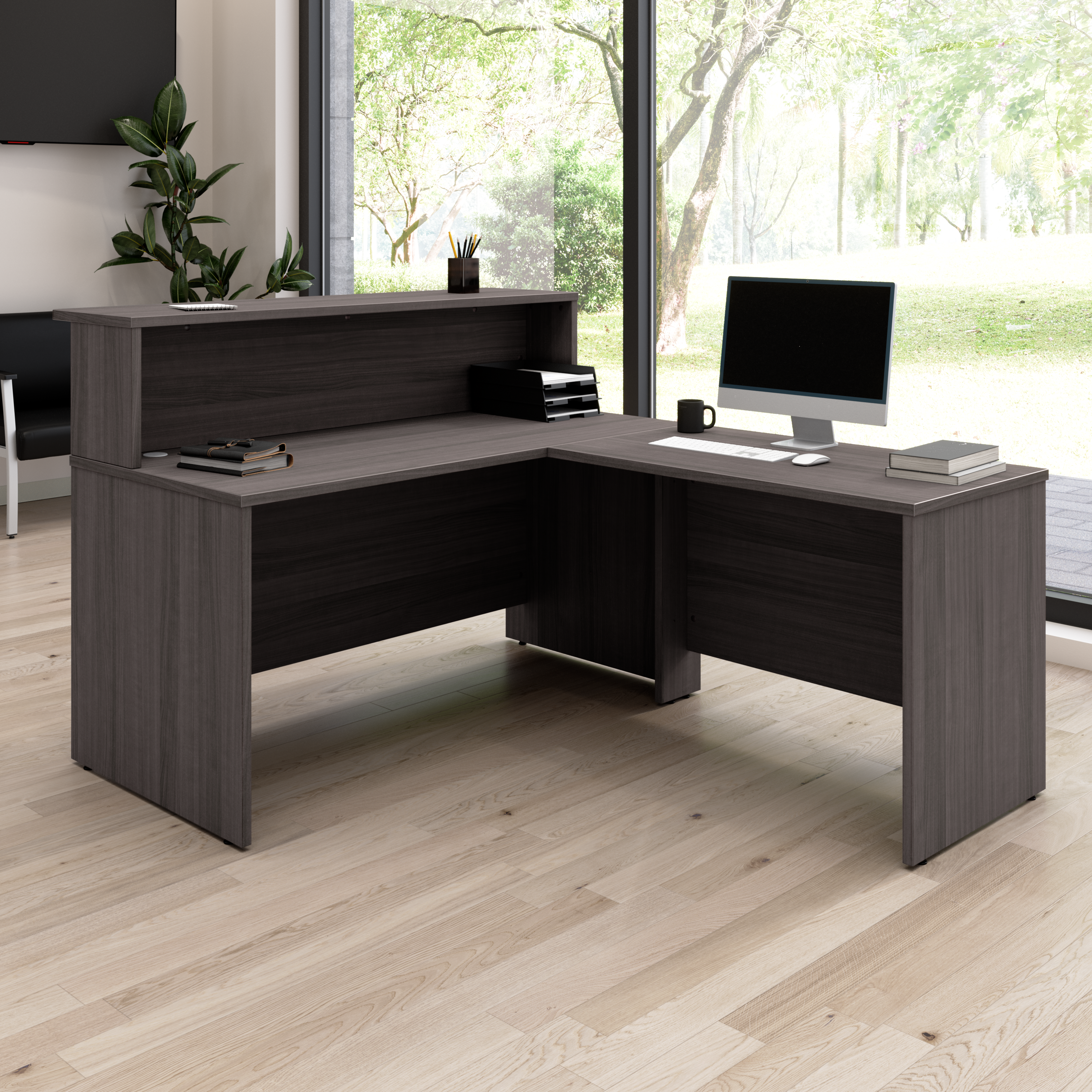 Shop Bush Business Furniture Arrive 60W x 72D L Shaped Reception Desk with Shelf 01 ARV003SG #color_storm gray