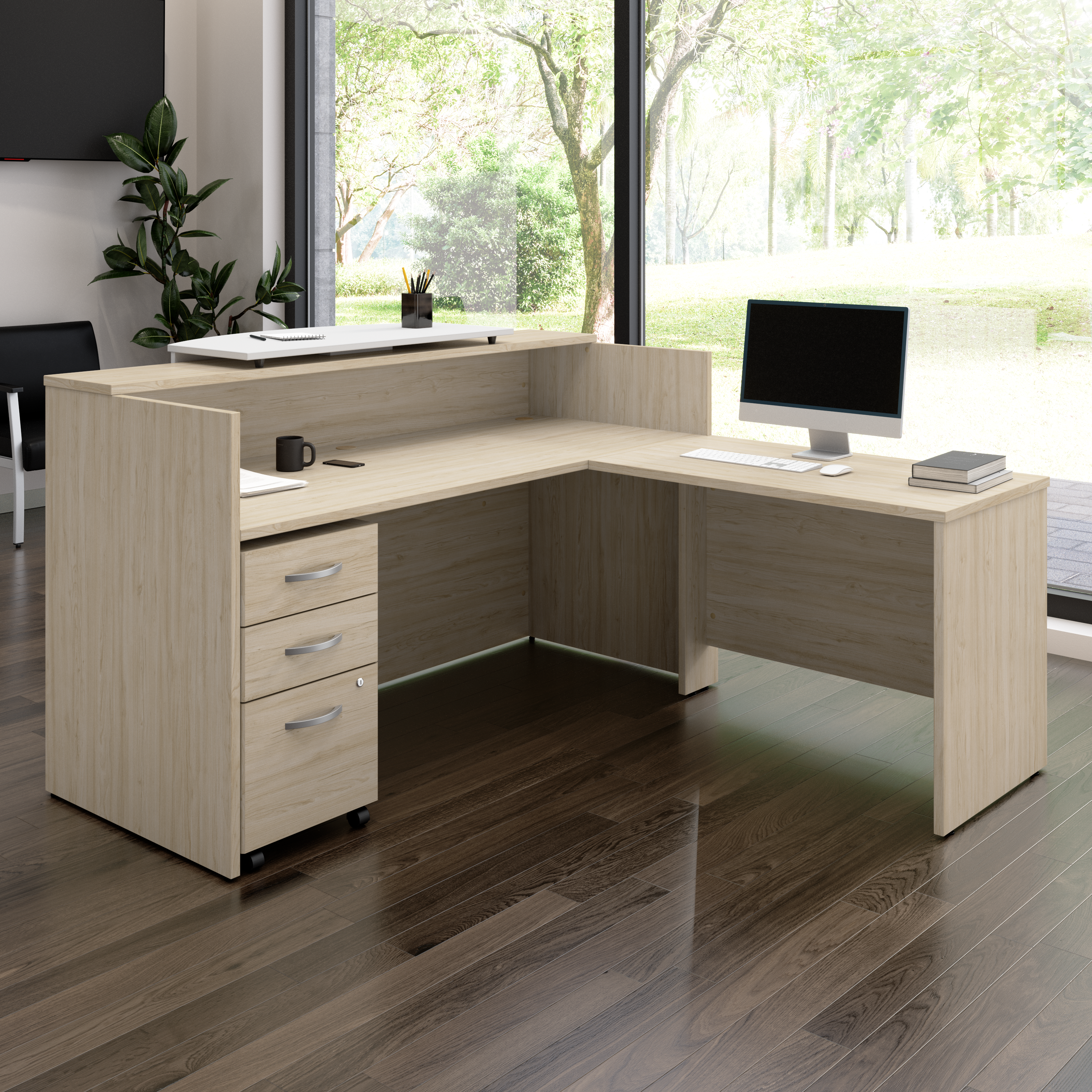 Shop Bush Business Furniture Arrive 72W x 72D L Shaped Reception Desk with Counter and Mobile File Cabinet 01 ARV010NE #color_natural elm