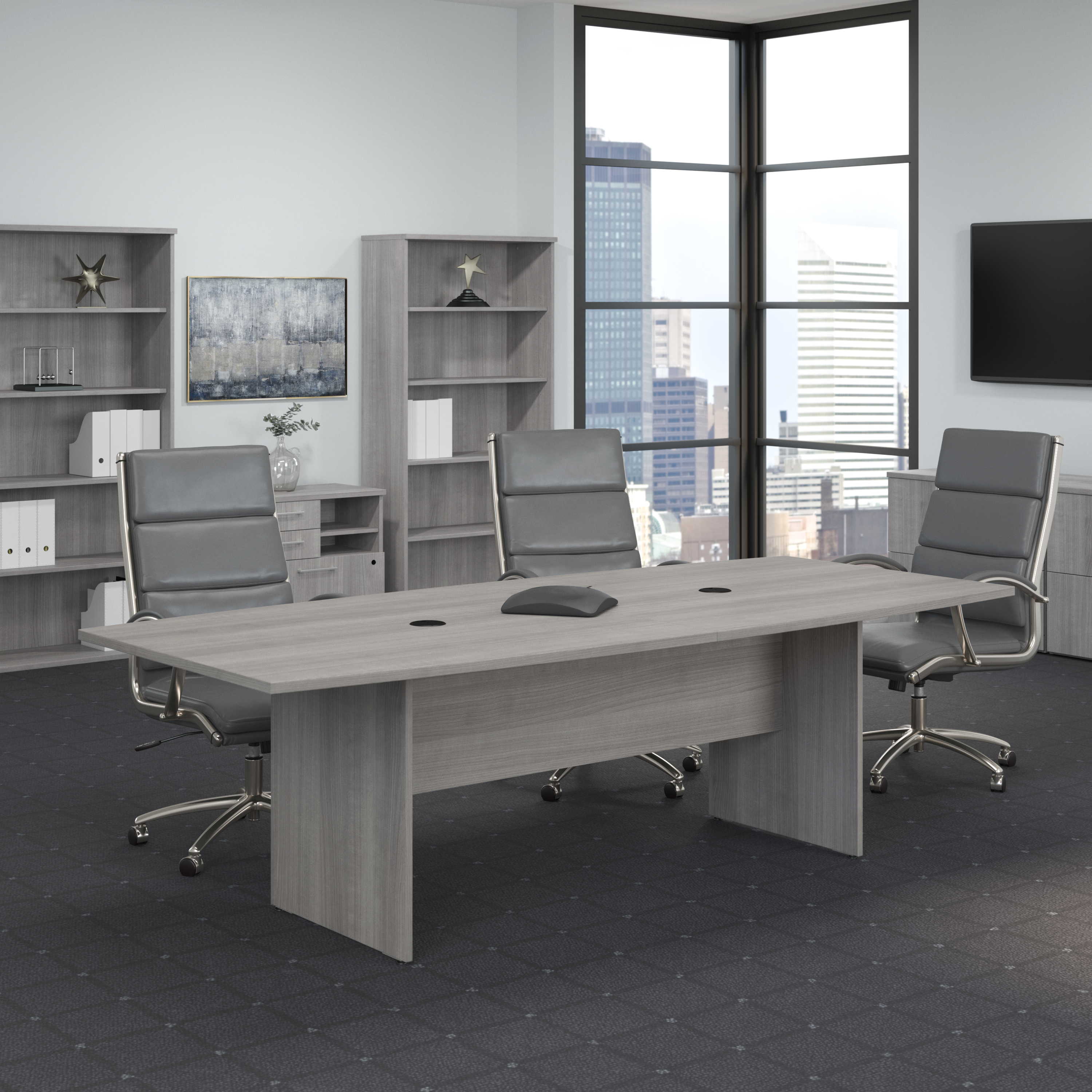 Shop Bush Business Furniture 96W x 42D Boat Shaped Conference Table with Wood Base 01 99TB9642PGK #color_platinum gray