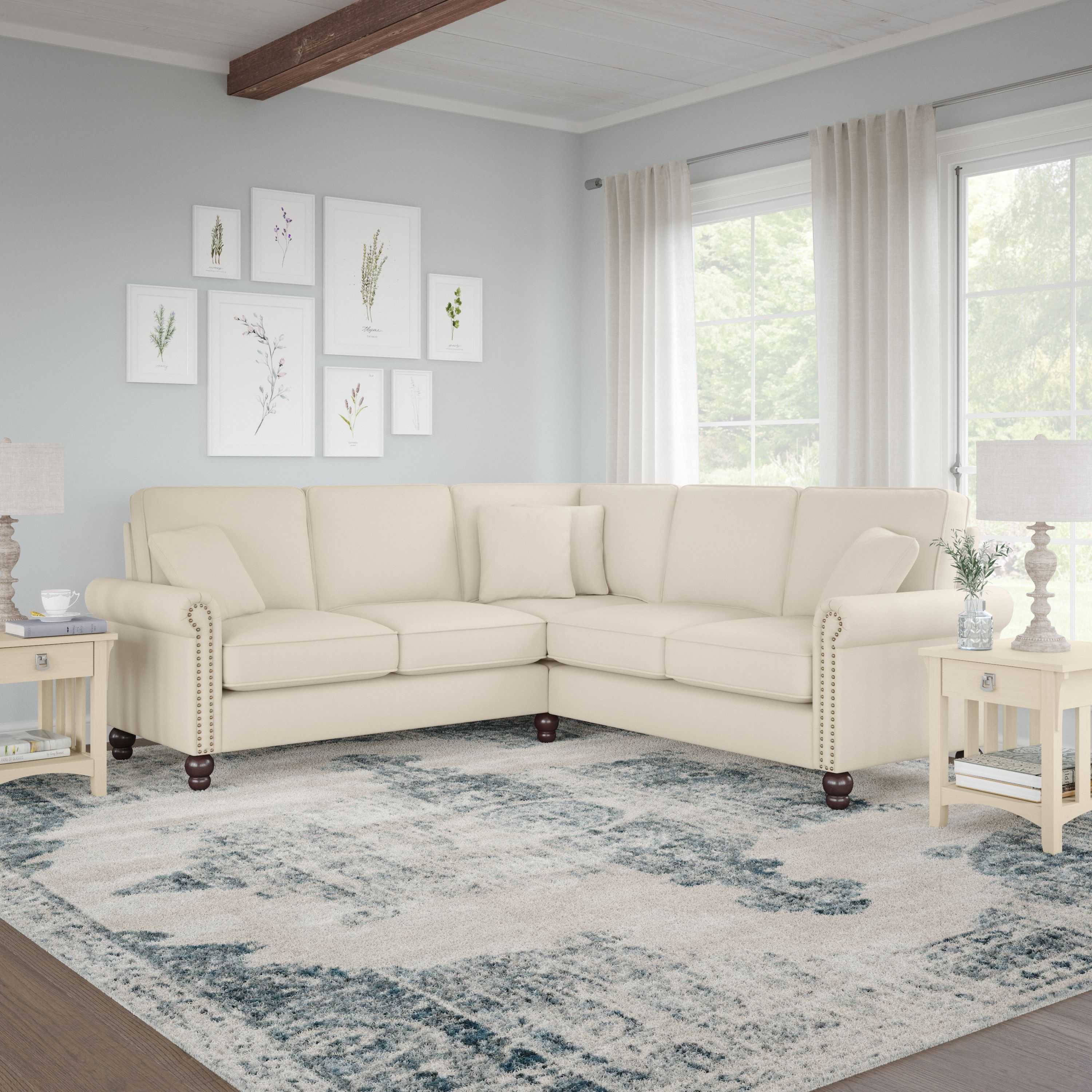 Shop Bush Furniture Coventry 87W L Shaped Sectional Couch 01 CVY86BCRH-03K #color_cream herringbone fabric