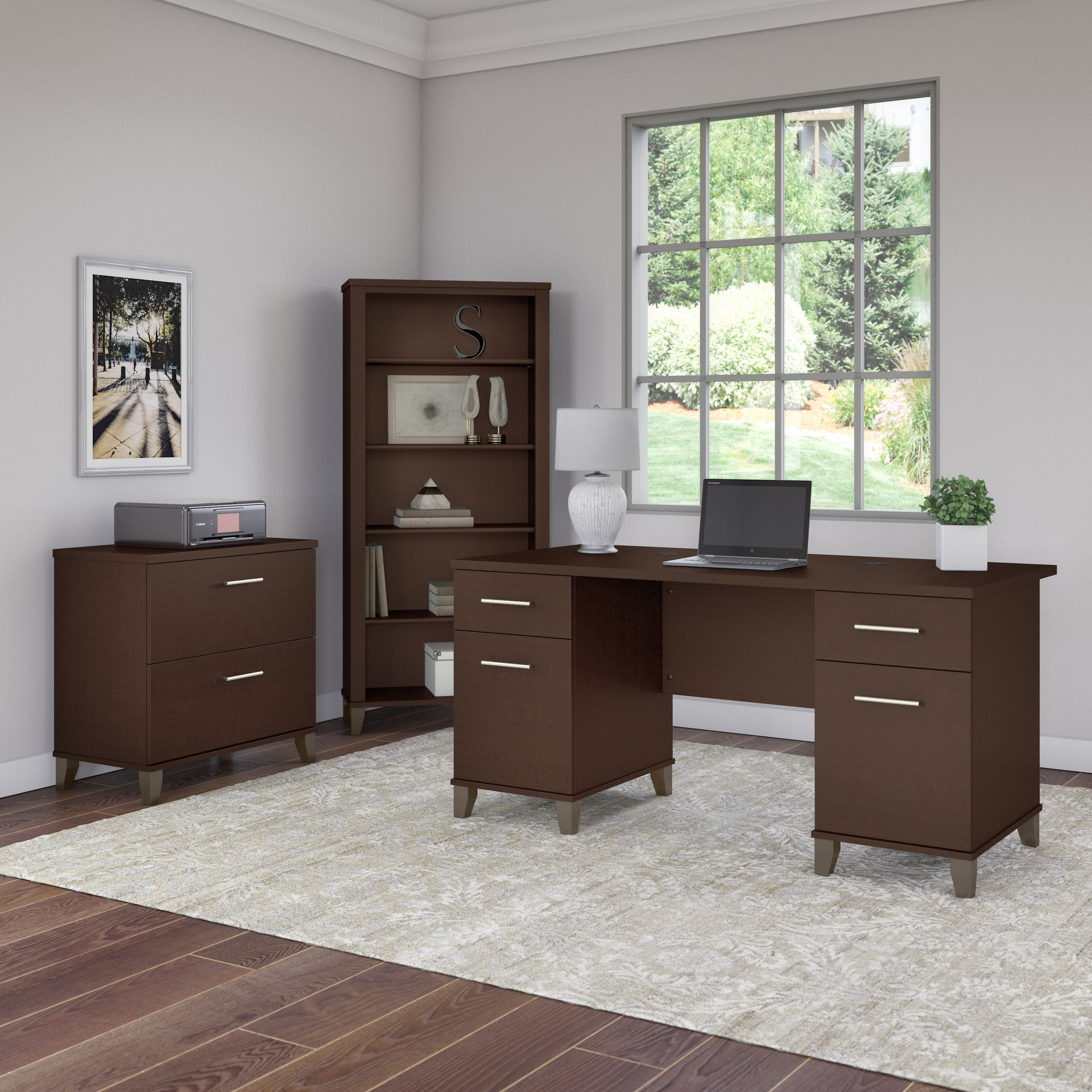 Shop Bush Furniture Somerset 60W Office Desk with Lateral File Cabinet and 5 Shelf Bookcase 01 SET013MR #color_mocha cherry