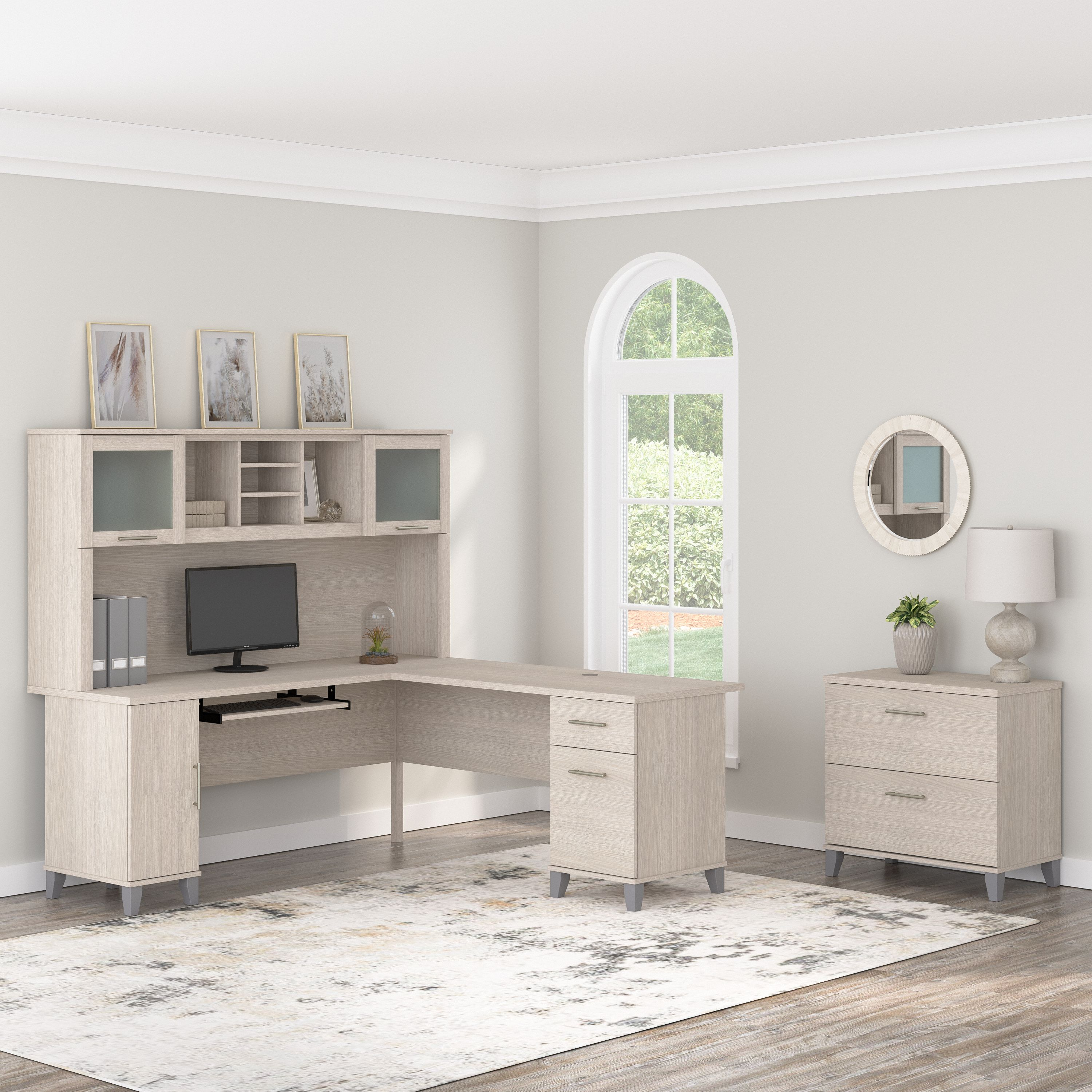 Shop Bush Furniture Somerset 72W L Shaped Desk with Hutch and Lateral File Cabinet 01 SET009SO #color_sand oak
