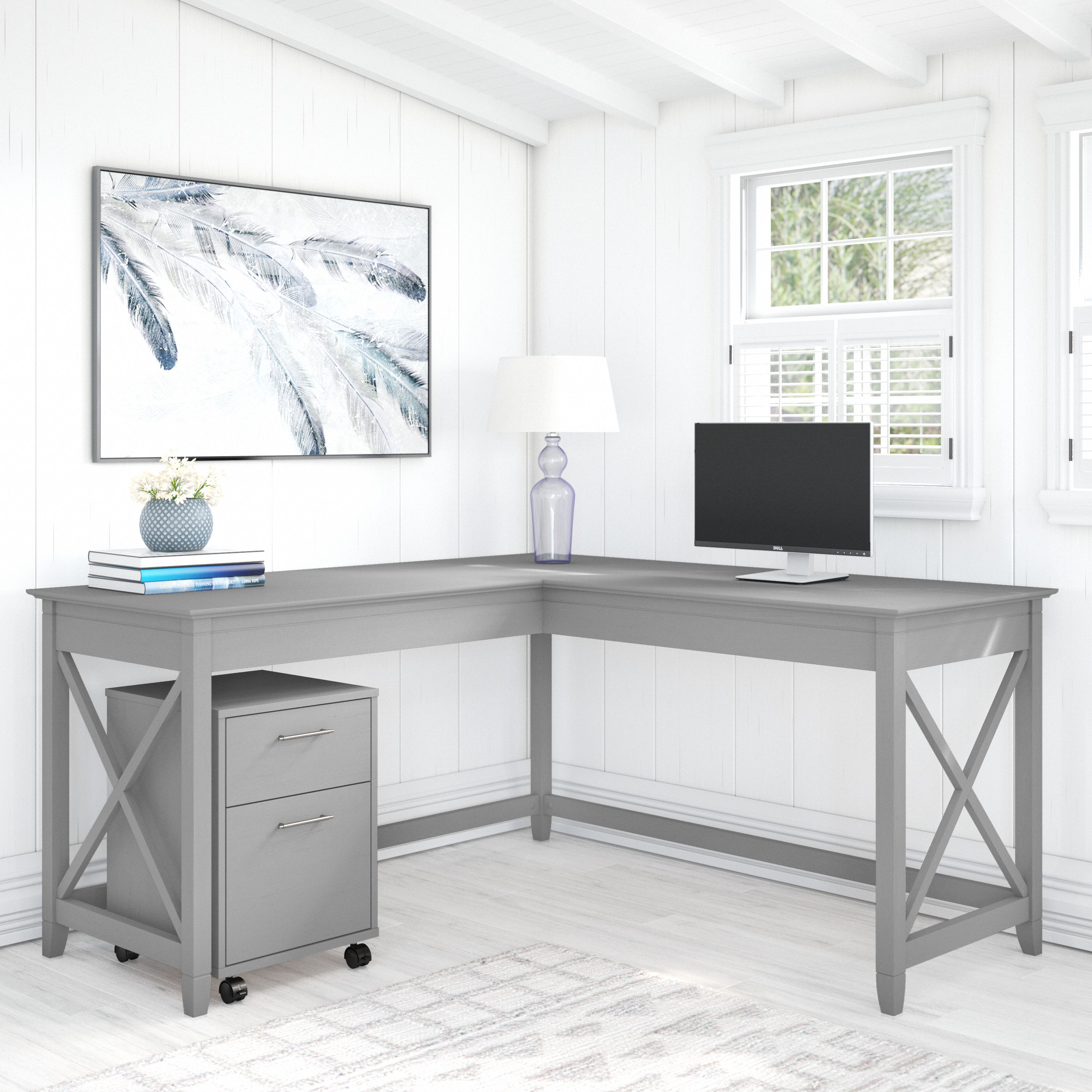 Shop Bush Furniture Key West 60W L Shaped Desk with 2 Drawer Mobile File Cabinet 01 KWS013CG #color_cape cod gray