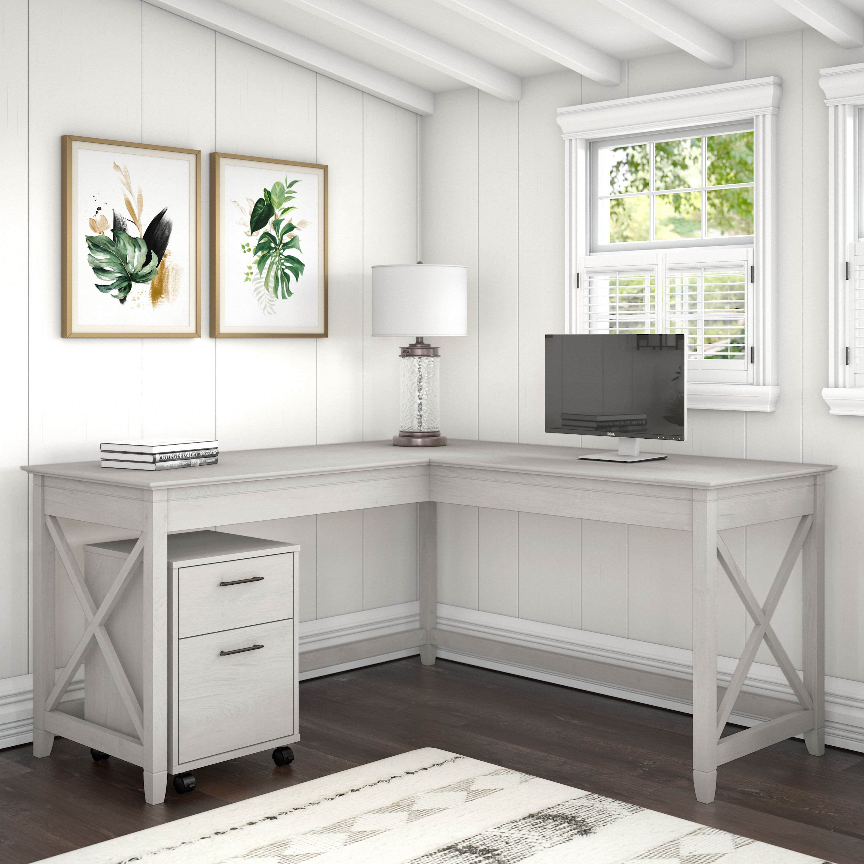 Shop Bush Furniture Key West 60W L Shaped Desk with 2 Drawer Mobile File Cabinet 01 KWS013LW #color_linen white oak