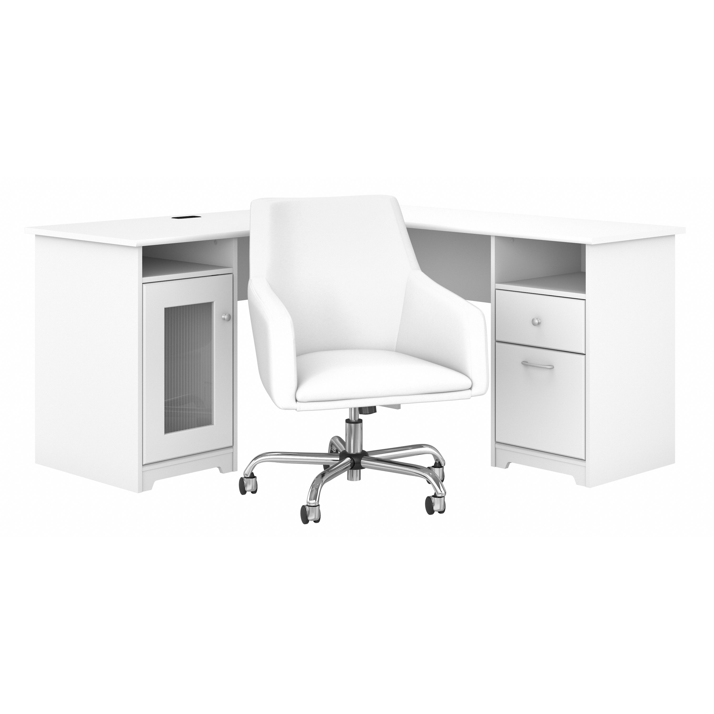 Shop Bush Furniture Cabot 60W L Shaped Computer Desk with Mid Back Leather Box Chair 02 CAB059WHN #color_white