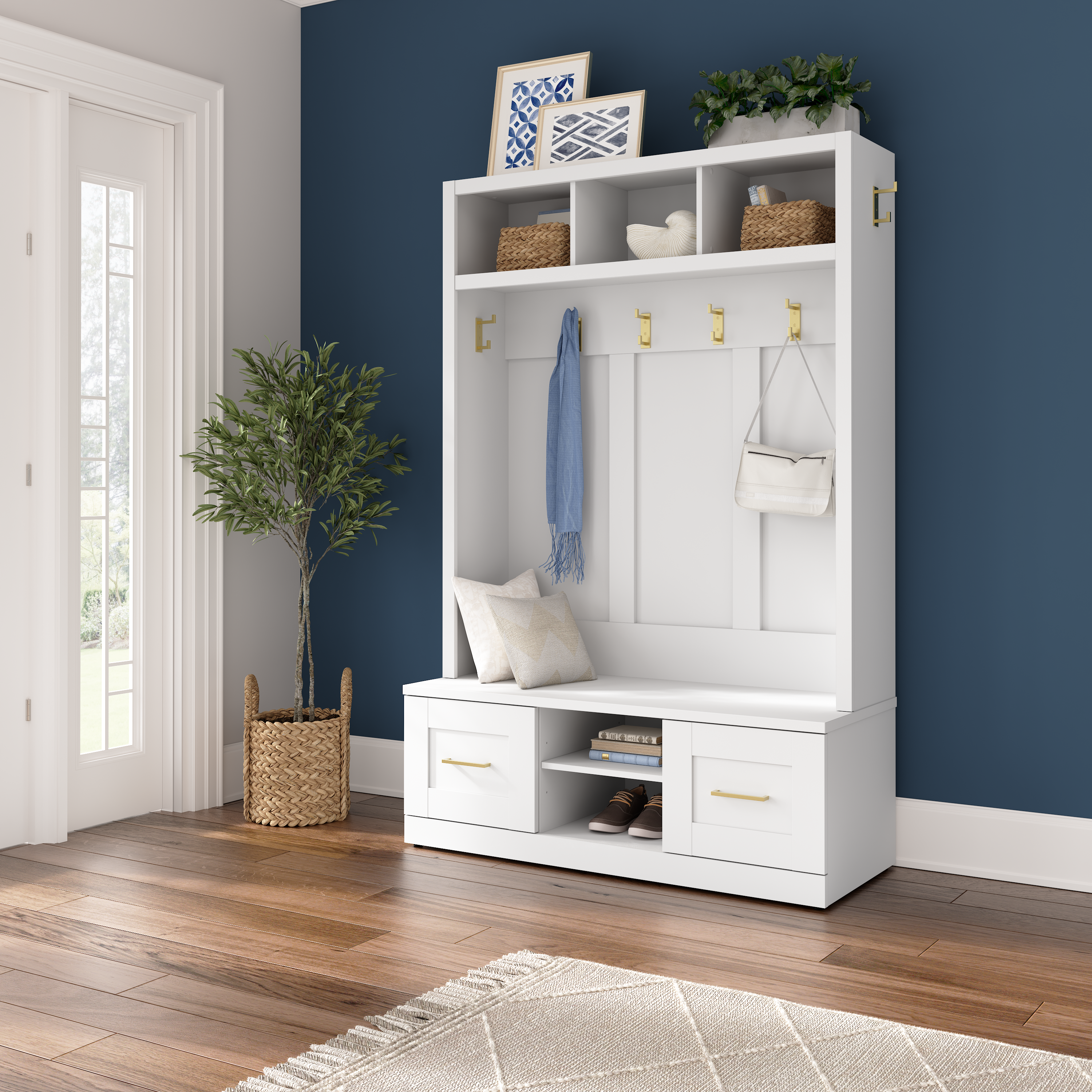 Shop Bush Furniture Hampton Heights Entryway Storage Set with 48W Hall Tree and Shoe Bench with Doors 01 HHS004WH #color_white