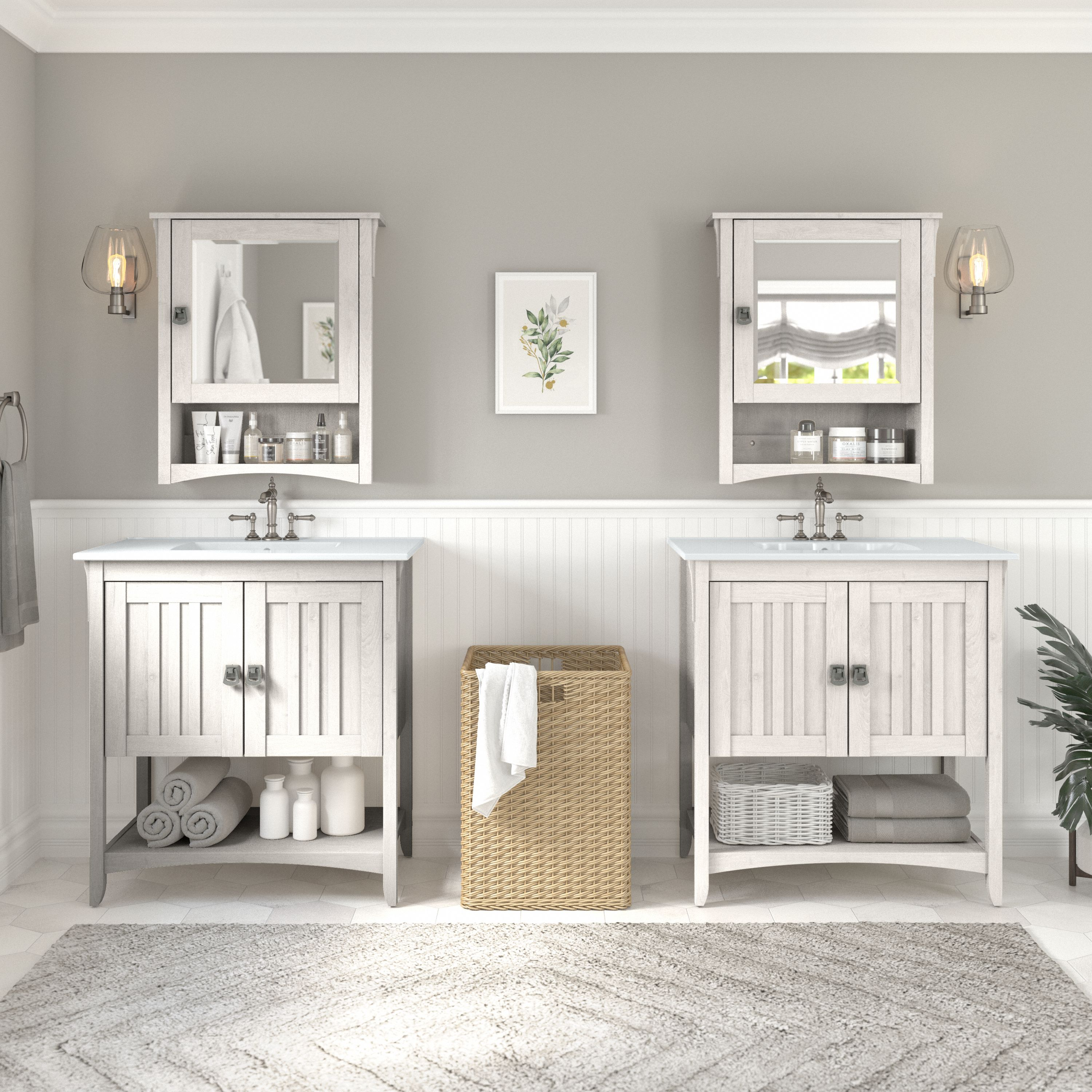 Shop Bush Furniture Salinas 64W Double Vanity Set with Sinks and Medicine Cabinets 01 SAL033LW #color_linen white oak