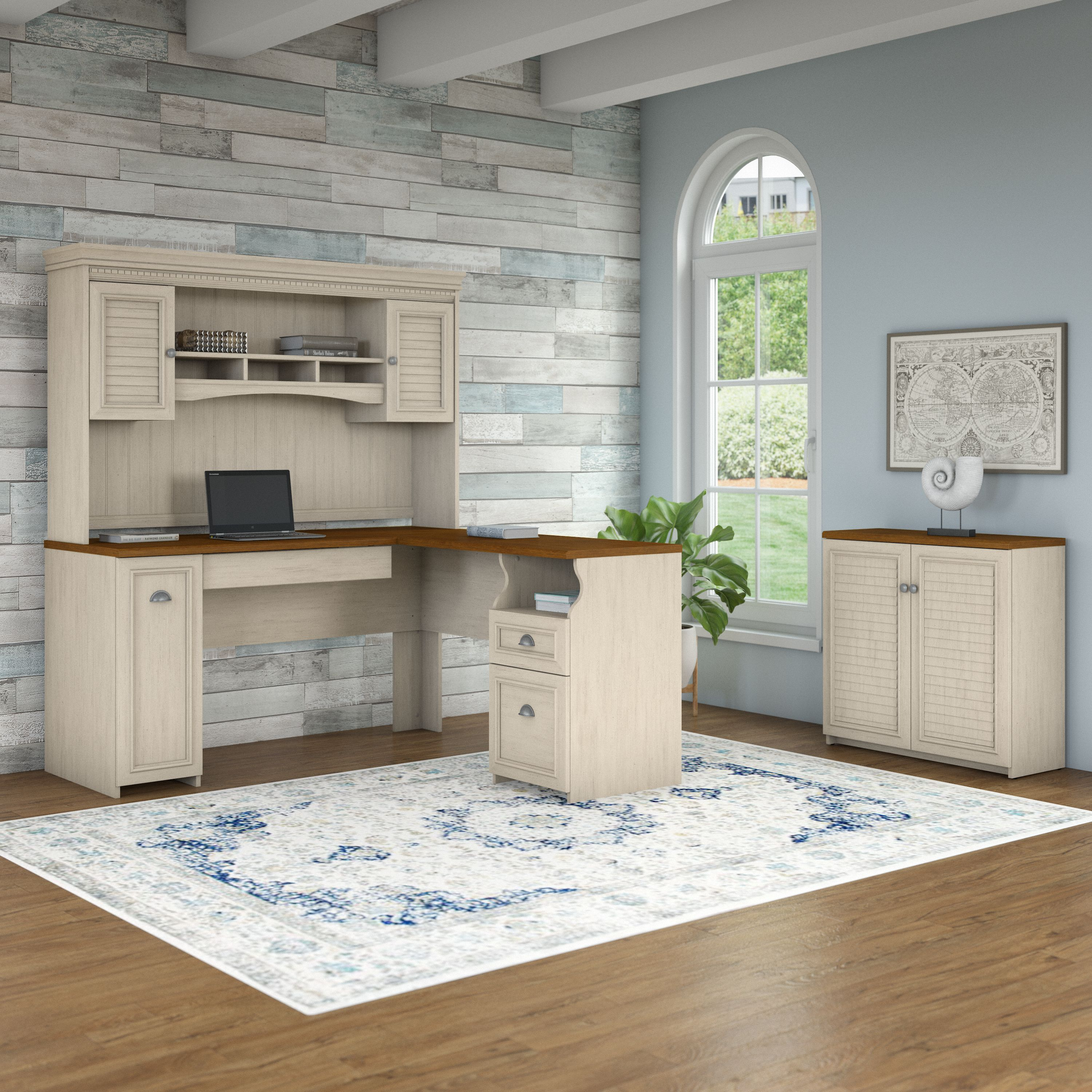 Shop Bush Furniture Fairview 60W L Shaped Desk with Hutch and Small Storage Cabinet 01 FV012AW #color_antique white