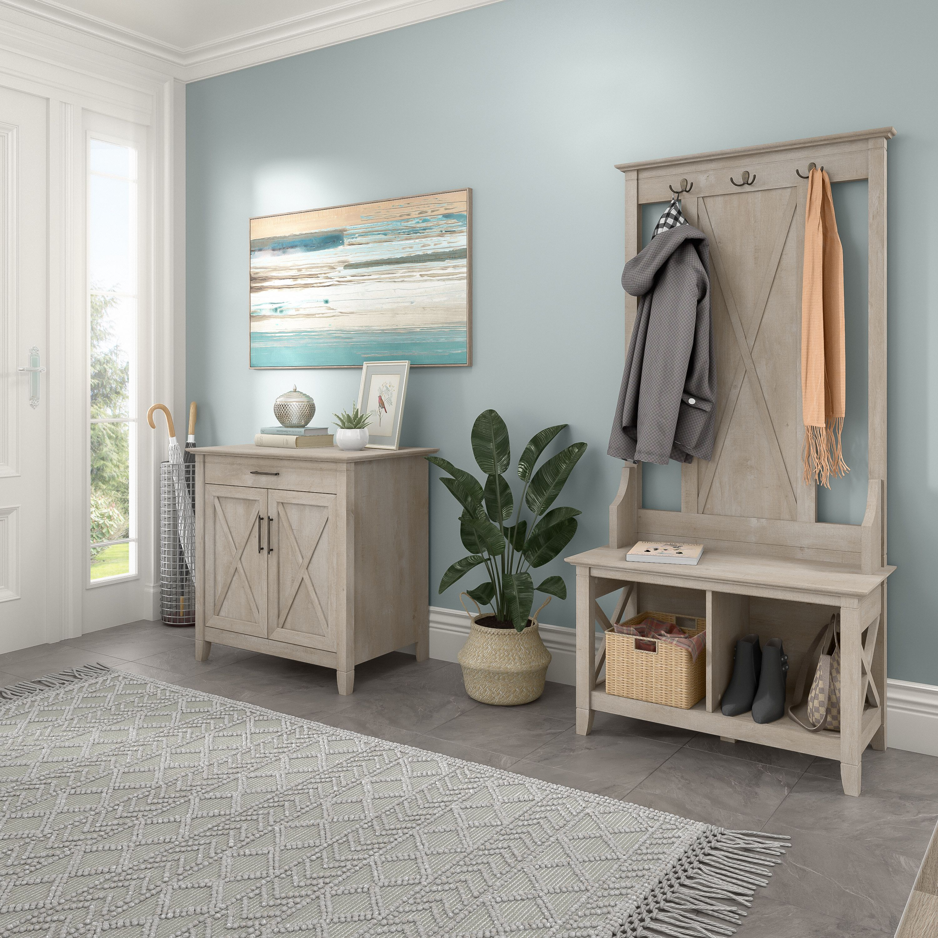Shop Bush Furniture Key West Entryway Storage Set with Hall Tree, Shoe Bench and Armoire Cabinet 01 KWS055WG #color_washed gray