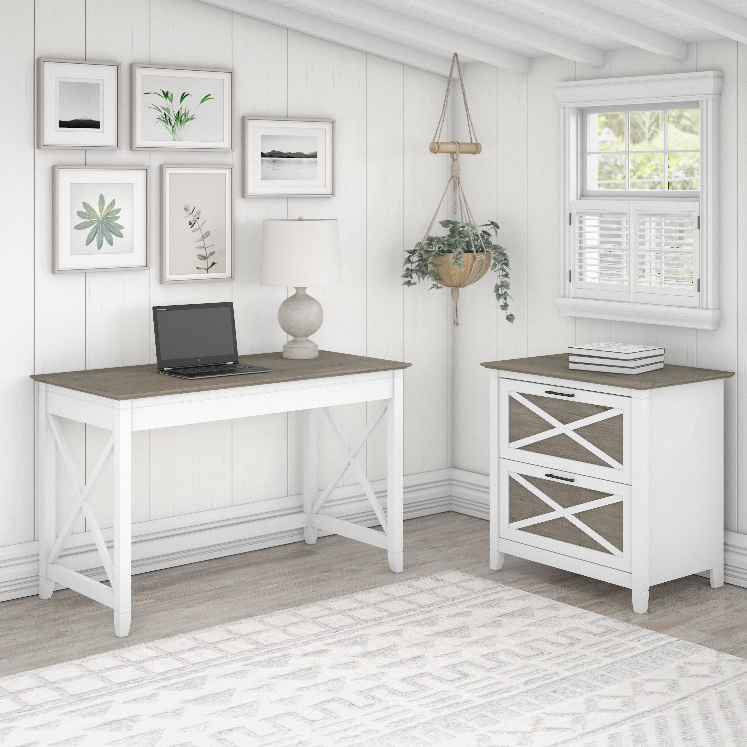 Shop Bush Furniture Key West 48W Writing Desk with 2 Drawer Lateral File Cabinet 01 KWS003G2W #color_shiplap gray