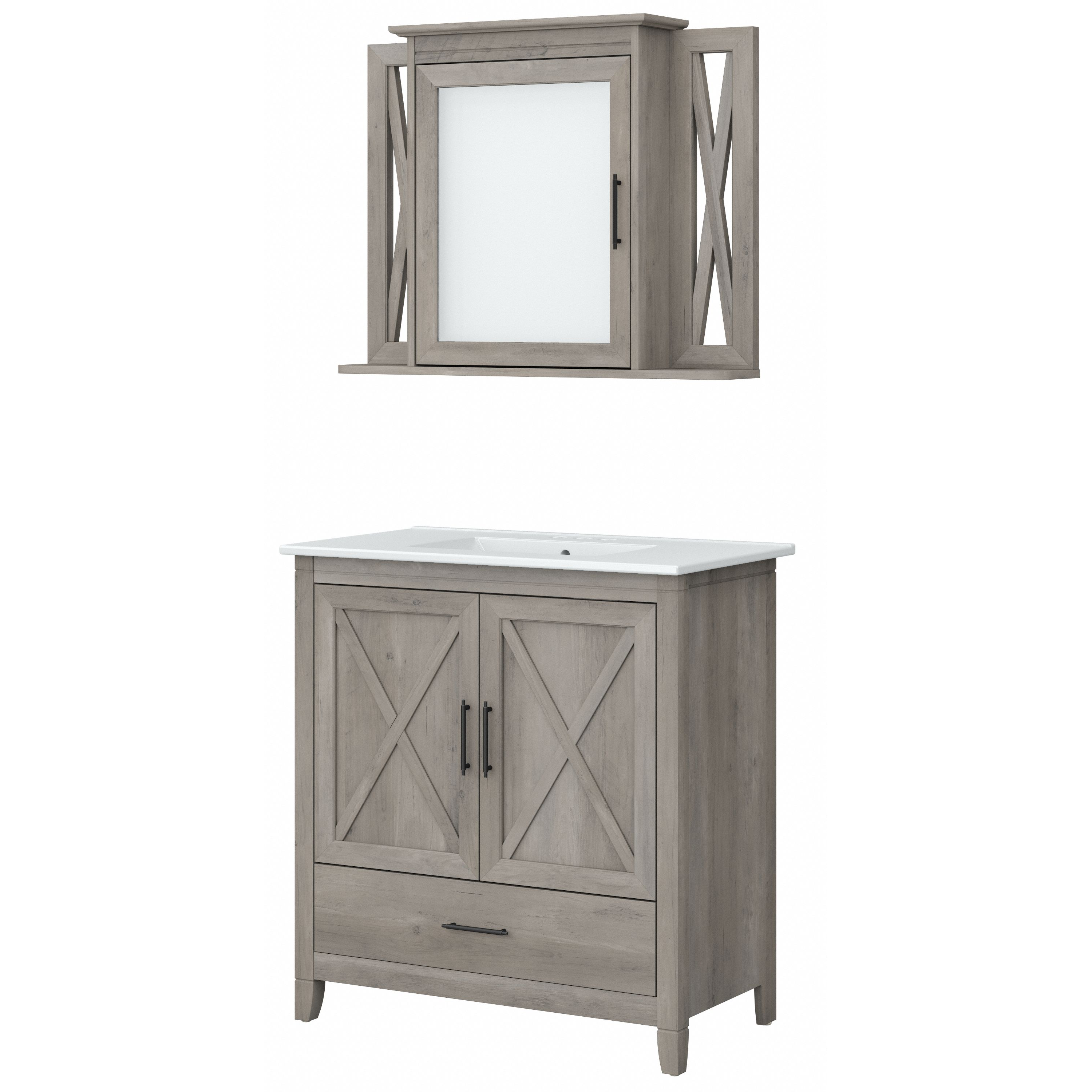 Shop Bush Furniture Key West 32W Bathroom Vanity Sink with Mirror 02 KWS030DG #color_driftwood gray