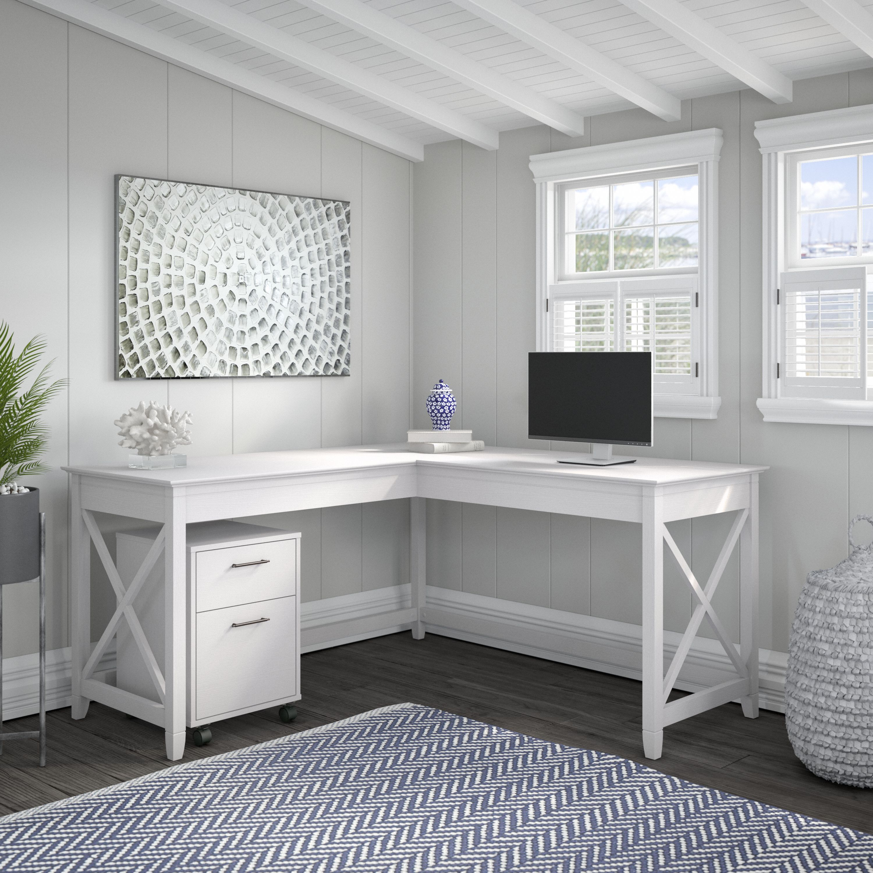 Shop Bush Furniture Key West 60W L Shaped Desk with 2 Drawer Mobile File Cabinet 01 KWS013WT #color_pure white oak