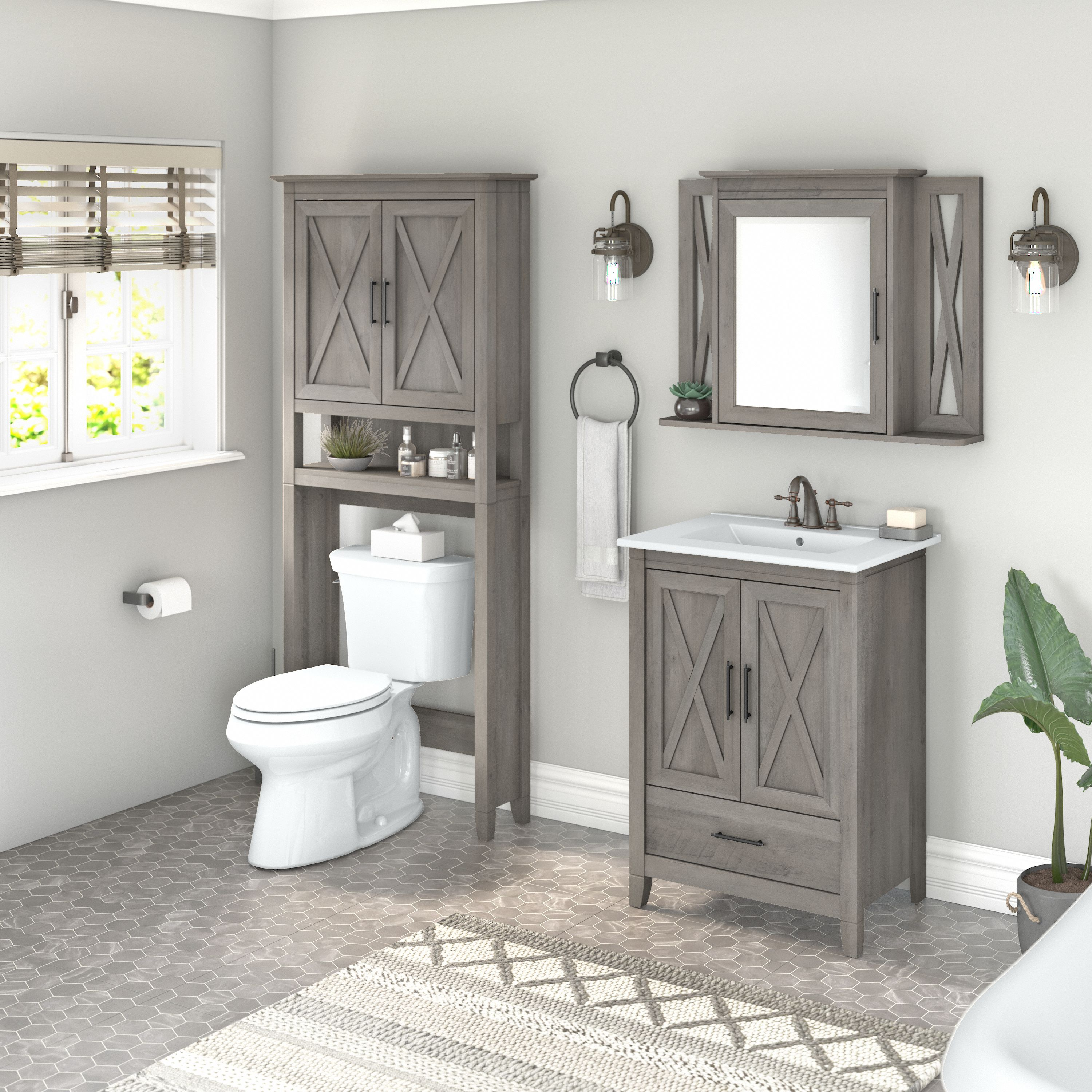 Shop Bush Furniture Key West 24W Bathroom Vanity Sink with Mirror and Over The Toilet Storage Cabinet 01 KWS031DG #color_driftwood gray