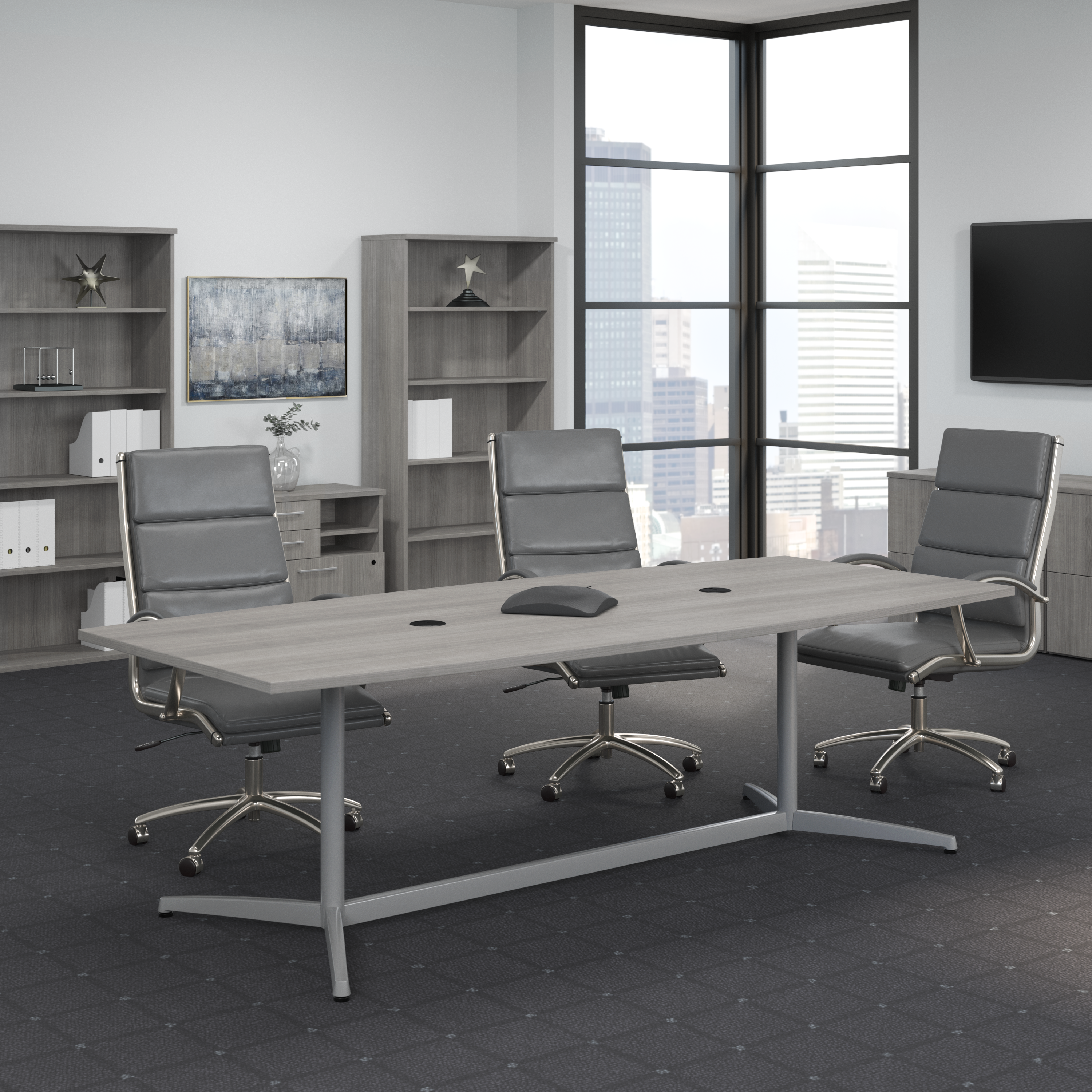 Shop Bush Business Furniture 96W x 42D Boat Shaped Conference Table with Metal Base 01 99TBM96PGSVK #color_platinum gray