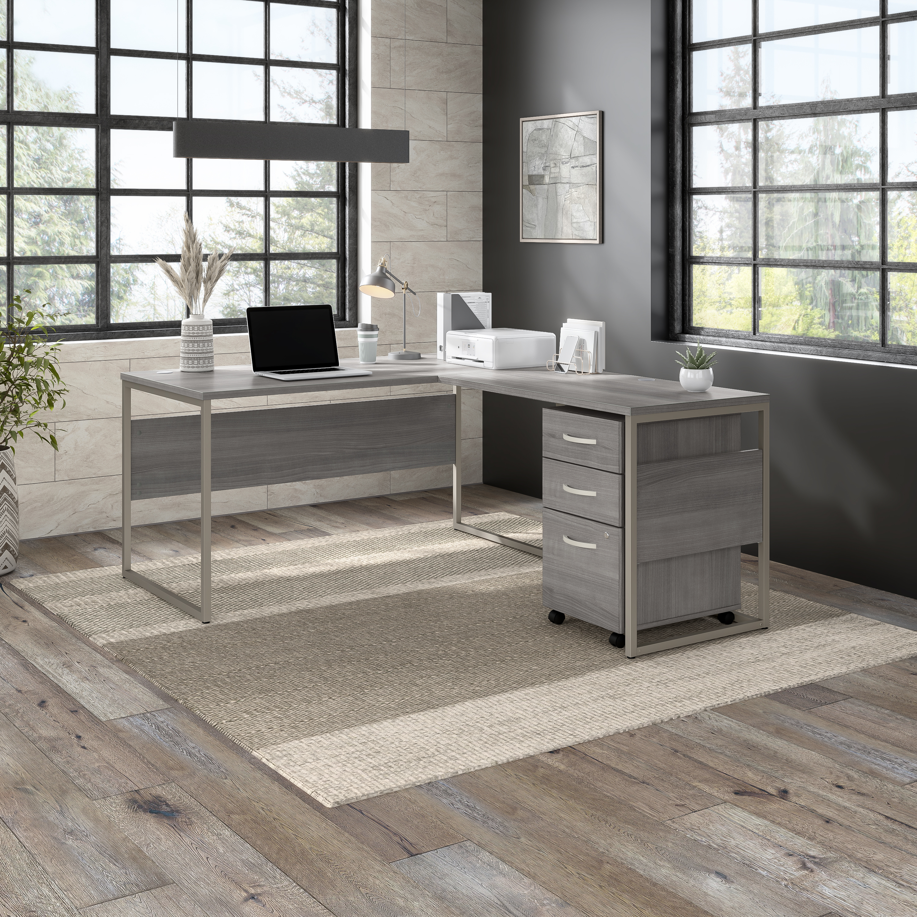 Shop Bush Business Furniture Hybrid 60W x 30D L Shaped Table Desk with Mobile File Cabinet 01 HYB029PGSU #color_platinum gray