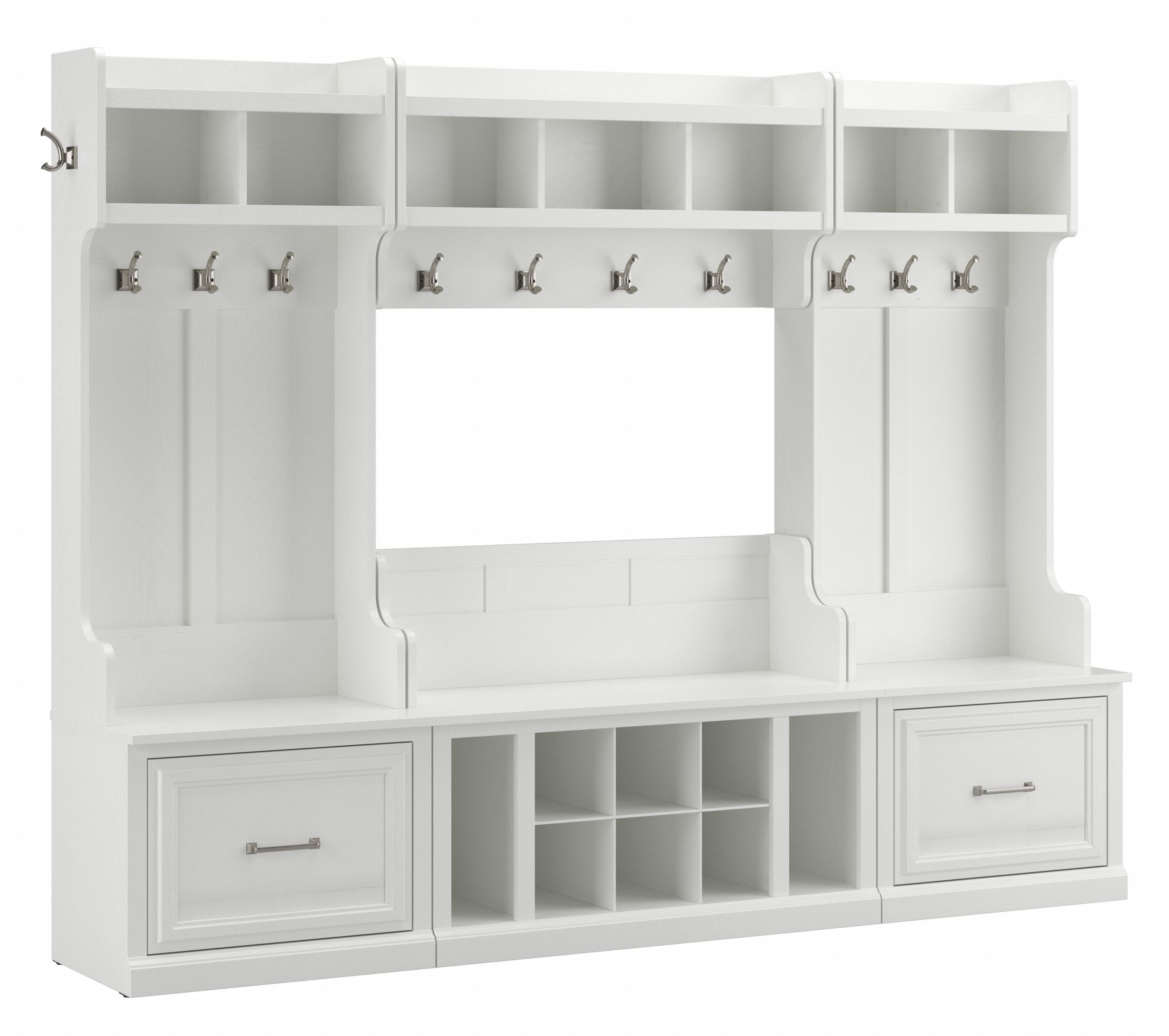 Shop Bush Furniture Woodland Full Entryway Storage Set with Coat Rack and Shoe Bench with Drawers 02 WDL014WAS #color_white ash
