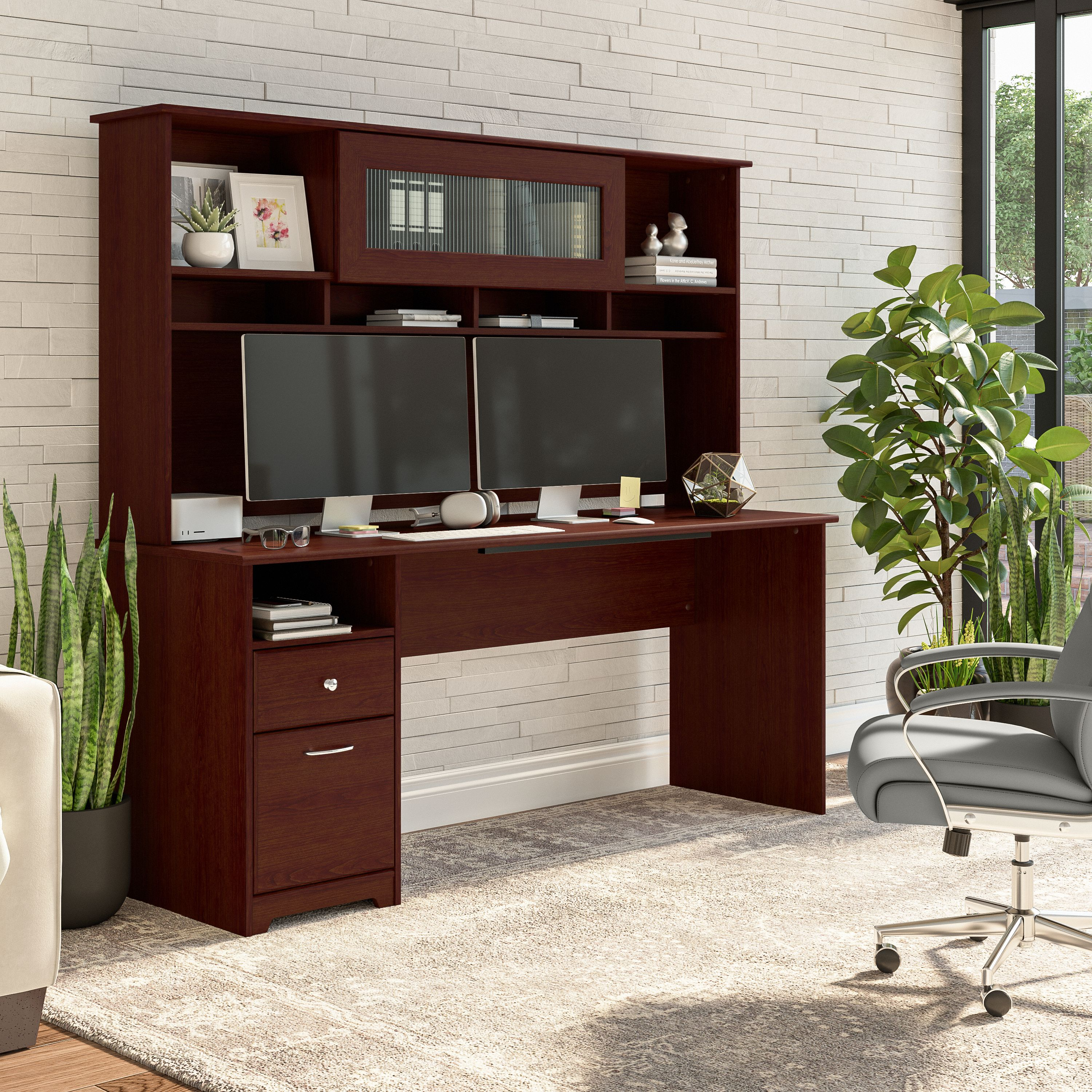 Shop Bush Furniture Cabot 72W Computer Desk with Hutch 01 CAB049HVC #color_harvest cherry