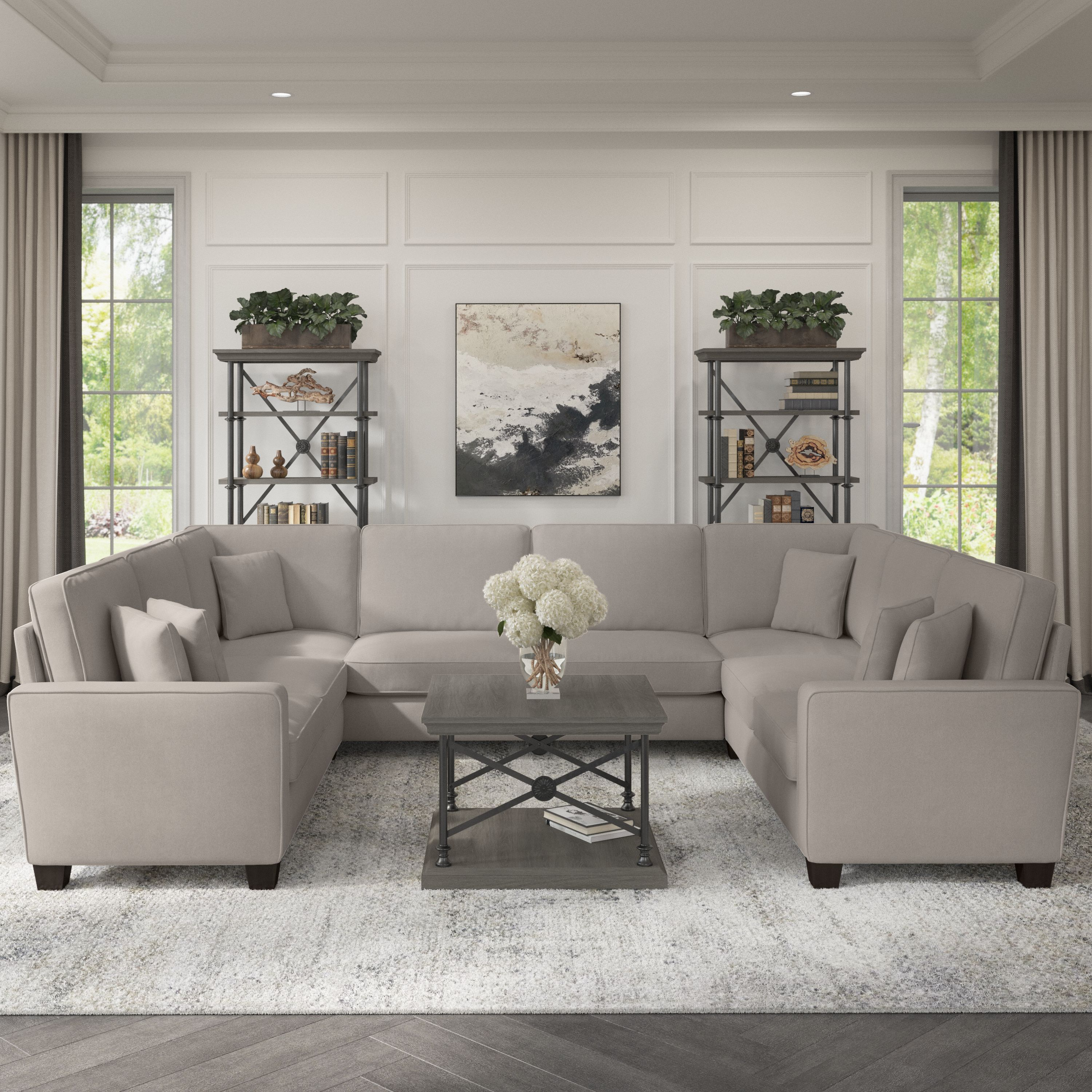 Shop Bush Furniture Stockton 125W U Shaped Sectional Couch 01 SNY123SBGH-03K #color_beige herringbone fabric