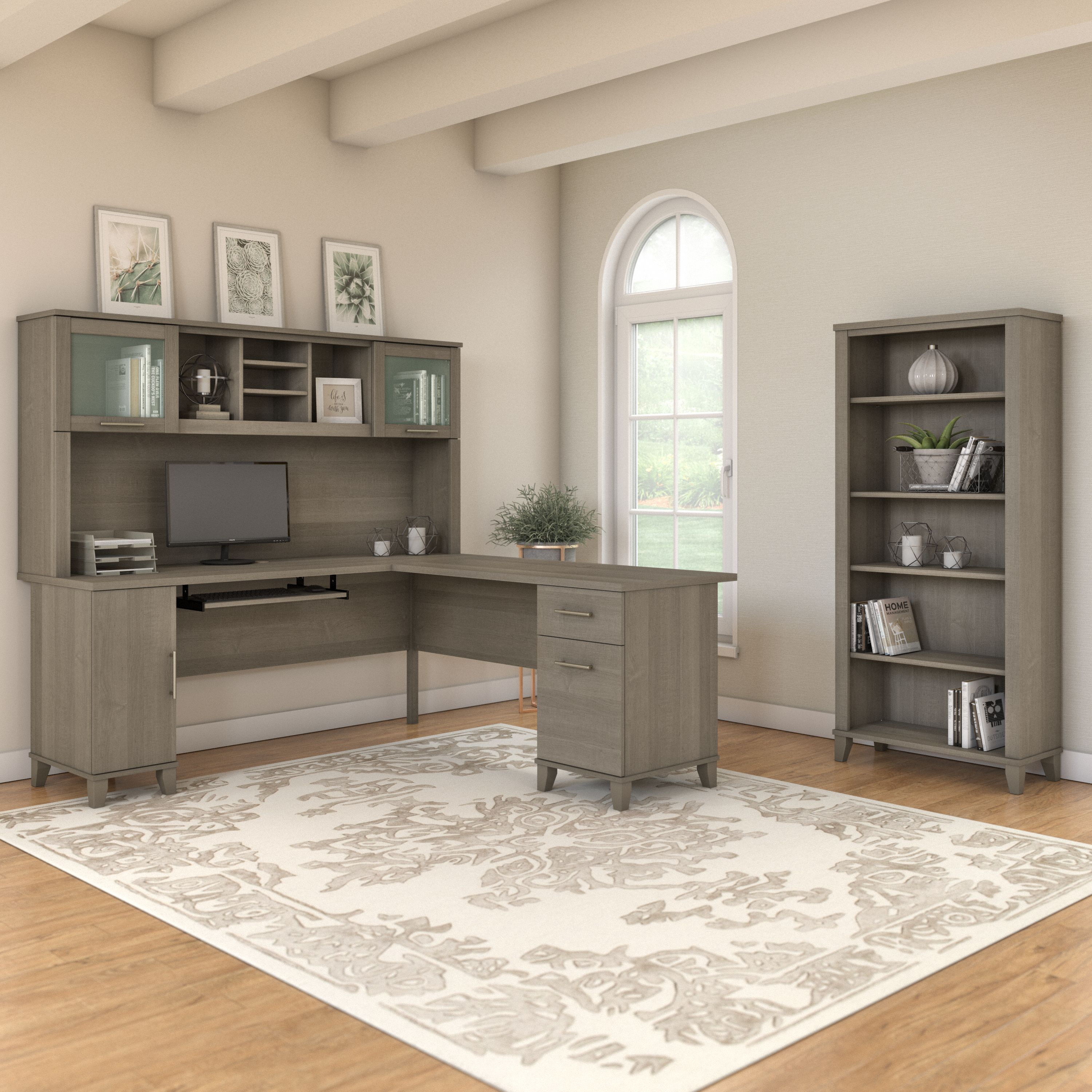 Shop Bush Furniture Somerset 72W L Shaped Desk with Hutch and 5 Shelf Bookcase 01 SET011AG #color_ash gray