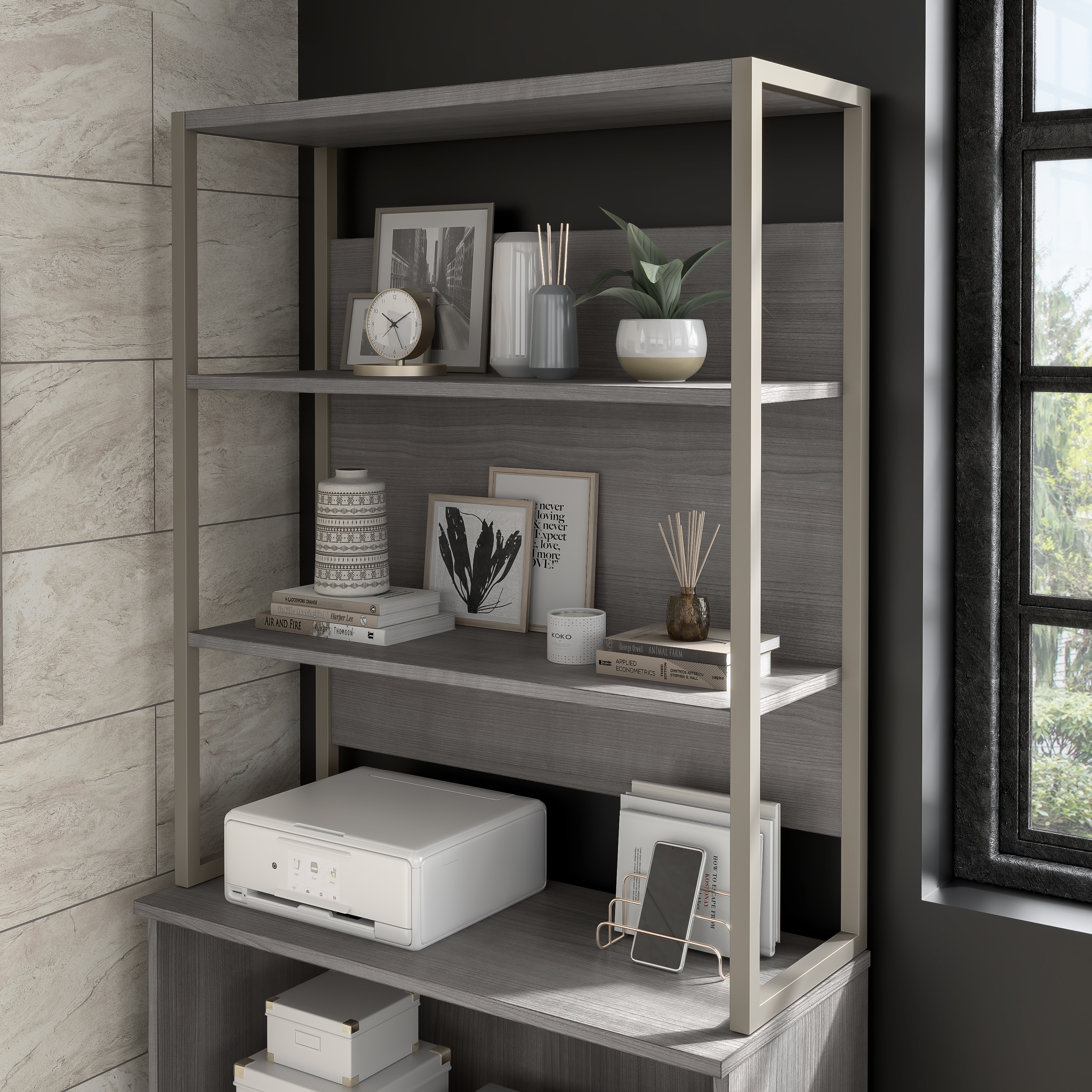 Shop Bush Business Furniture Hybrid Tall Etagere Bookcase 01 HYB023PG #color_platinum gray