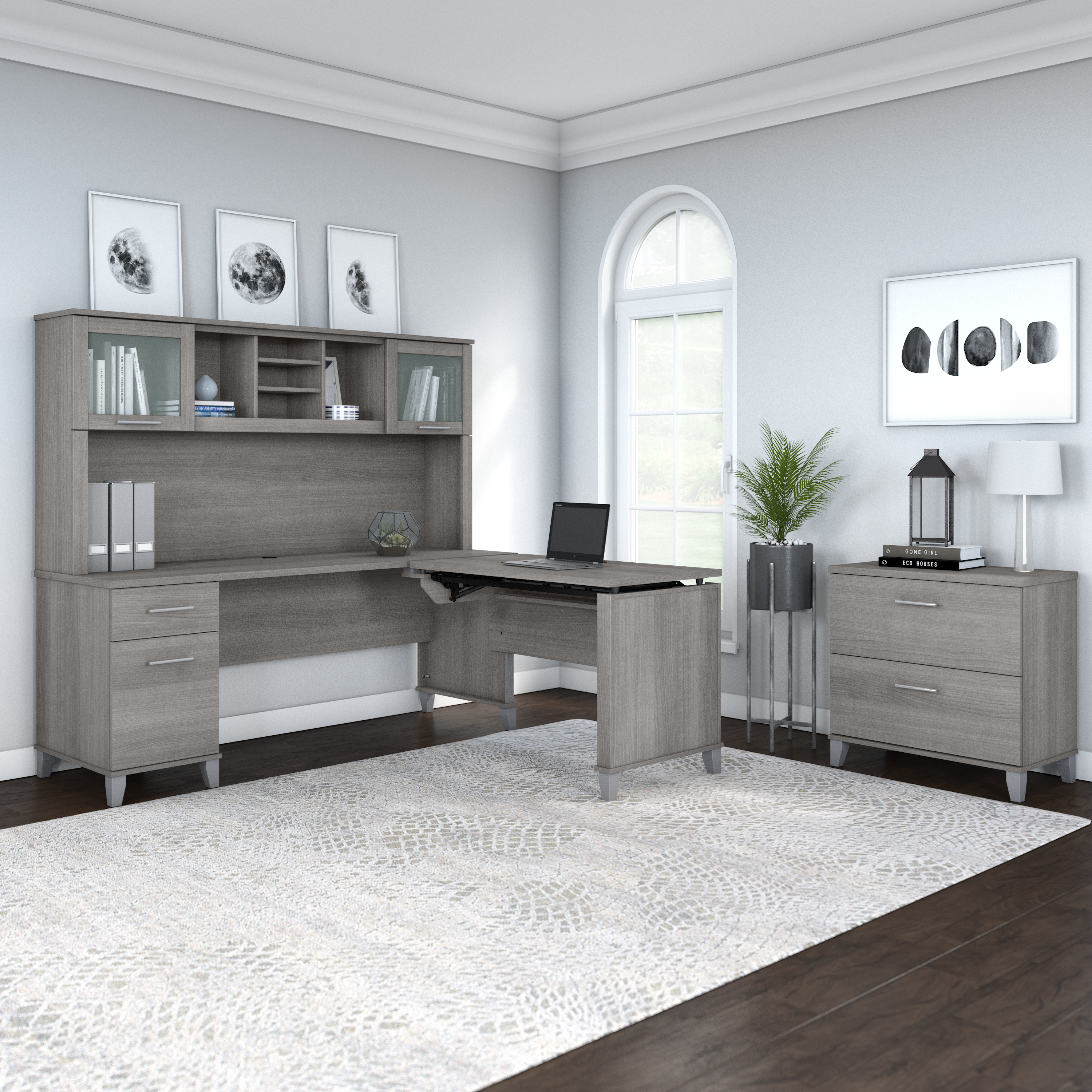 Shop Bush Furniture Somerset 72W 3 Position Sit to Stand L Shaped Desk with Hutch and File Cabinet 06 SET016PG #color_platinum gray