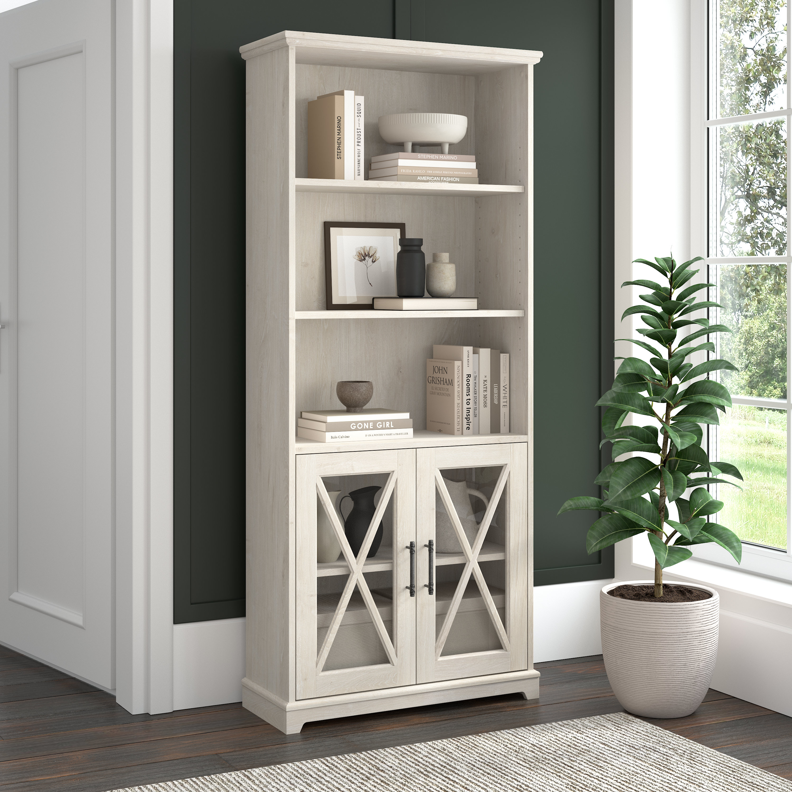 Shop Bush Furniture Lennox Farmhouse 5 Shelf Bookcase with Glass Doors 01 LEB132LW-03 #color_linen white oak