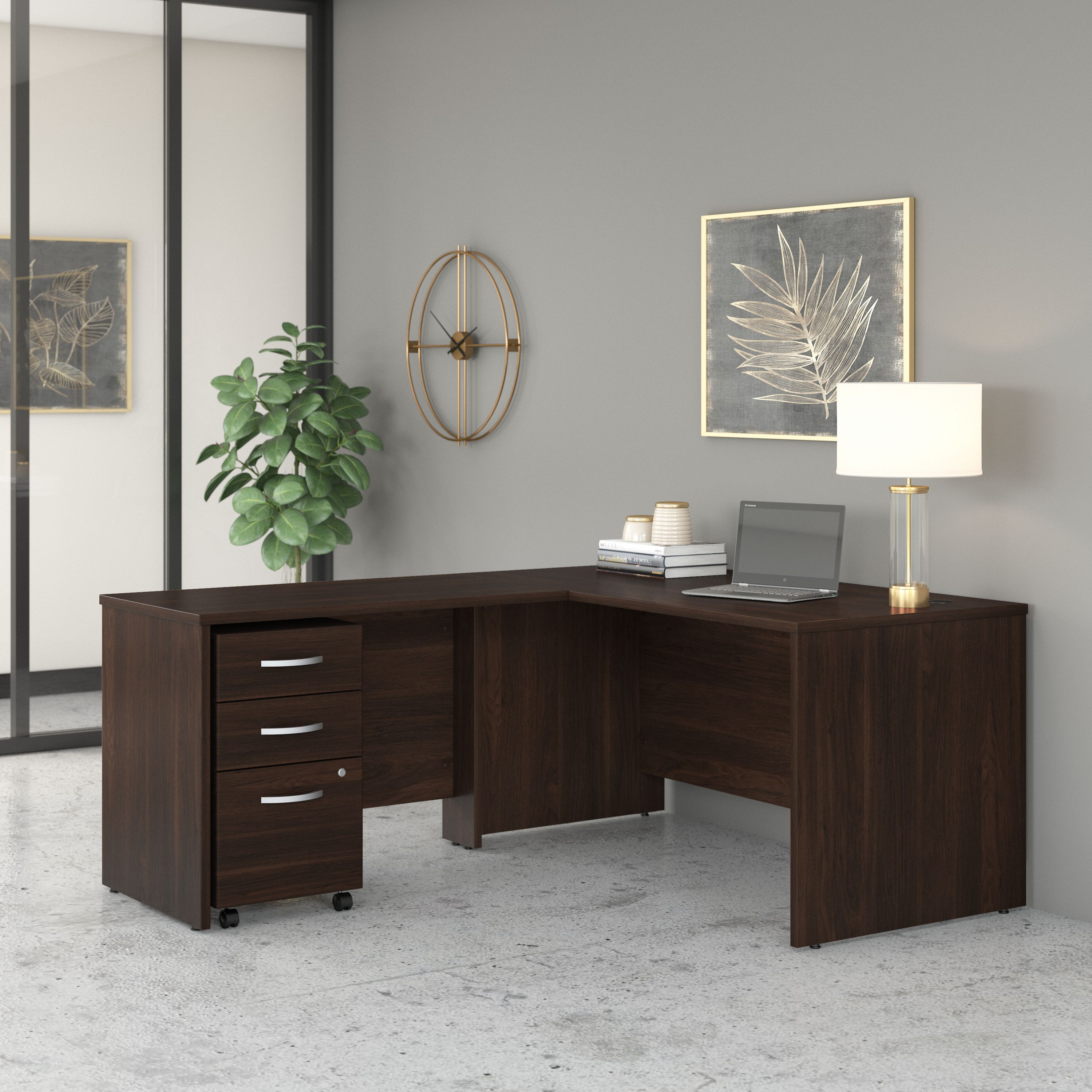 Shop Bush Business Furniture Studio C 60W x 30D L Shaped Desk with Mobile File Cabinet and 42W Return 01 STC008BWSU #color_black walnut