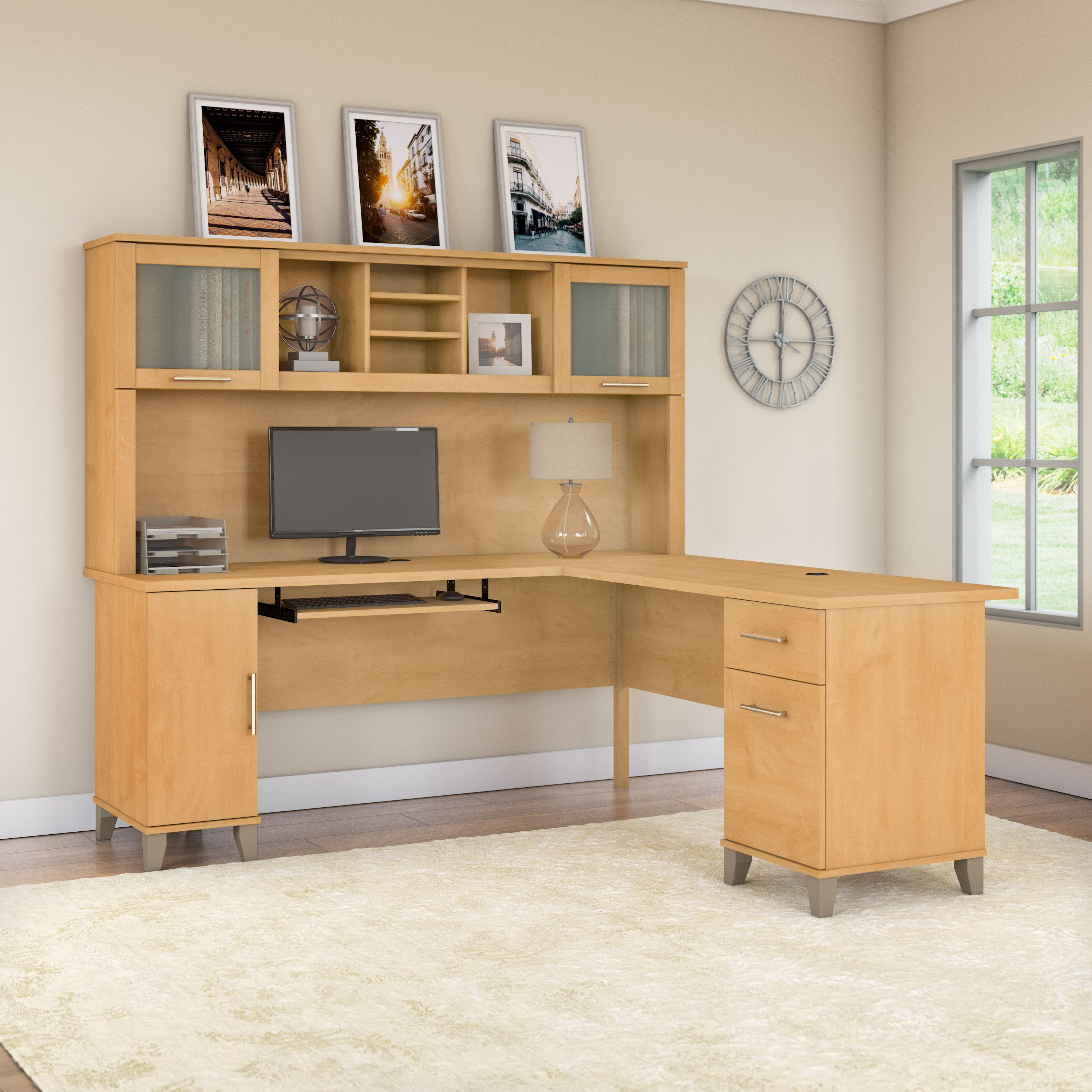 Shop Bush Furniture Somerset 72W L Shaped Desk with Hutch 01 SET001MC #color_maple cross