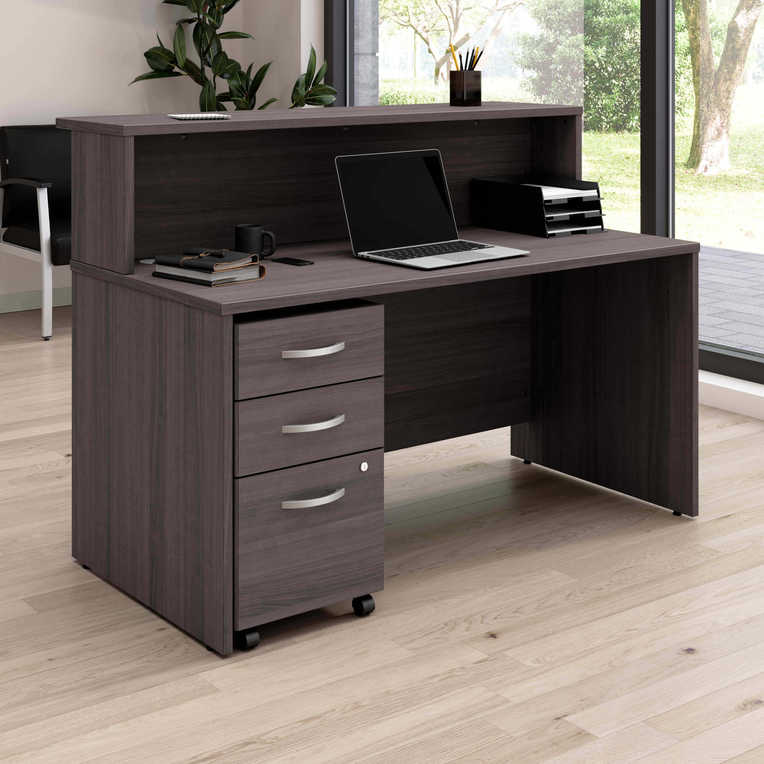 Shop Bush Business Furniture Arrive 60W x 30D Reception Desk with Shelf and Mobile File Cabinet 01 ARV002SG #color_storm gray