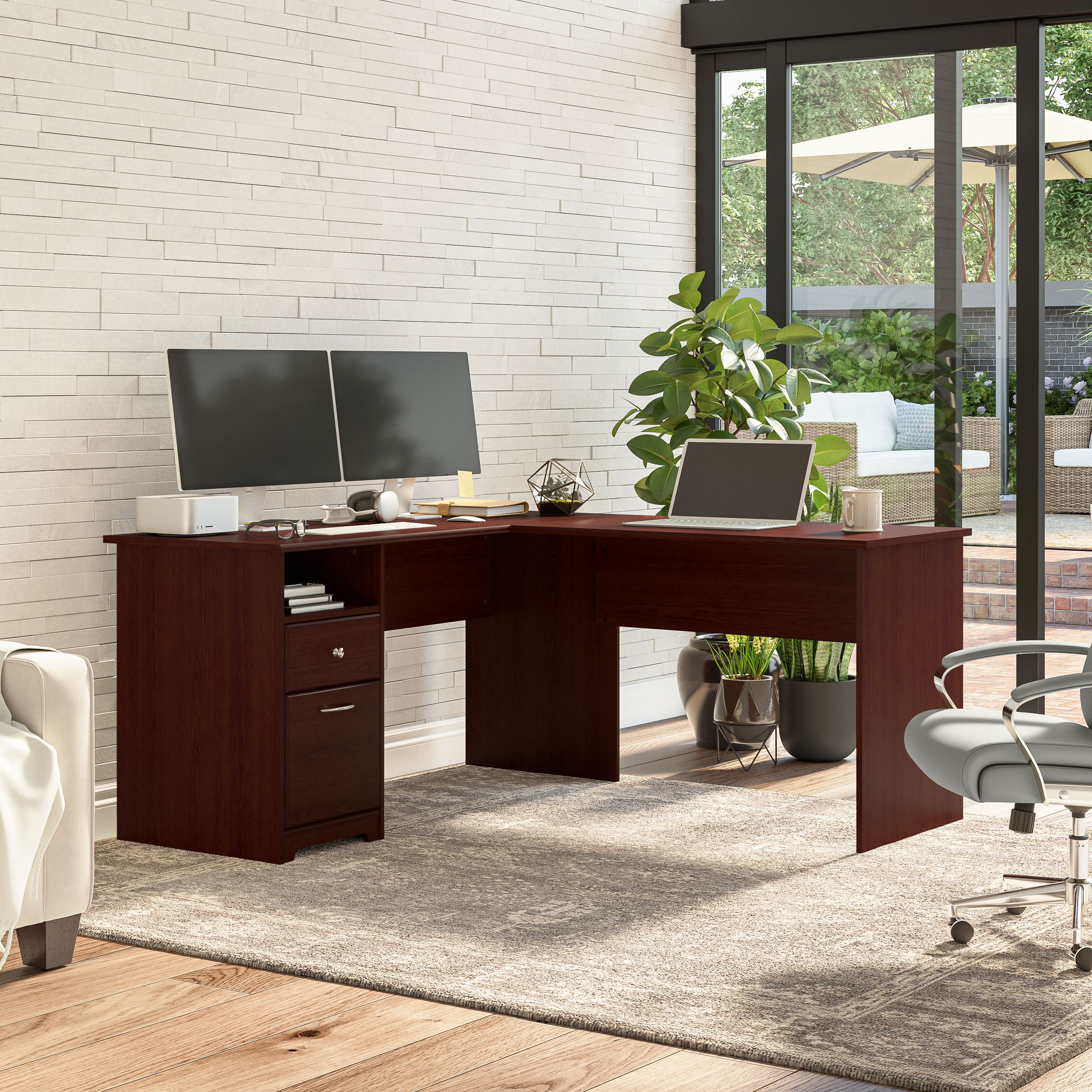 Shop Bush Furniture Cabot 60W L Shaped Computer Desk with Drawers 01 CAB044HVC #color_harvest cherry
