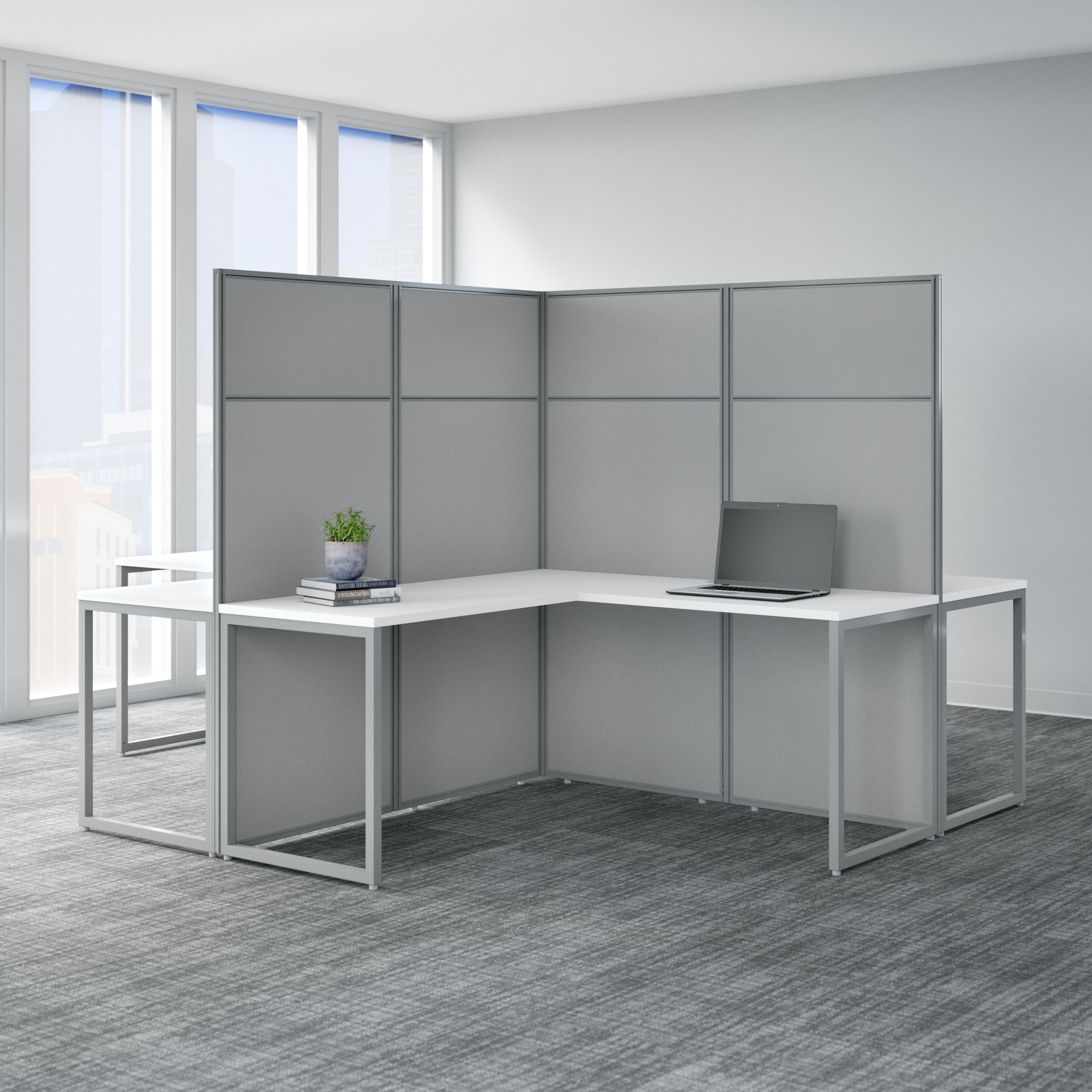 Shop Bush Business Furniture Easy Office 60W 4 Person L Shaped Cubicle Desk Workstation with 66H Panels 01 EODH760WH-03K #color_pure white/silver gray fabric