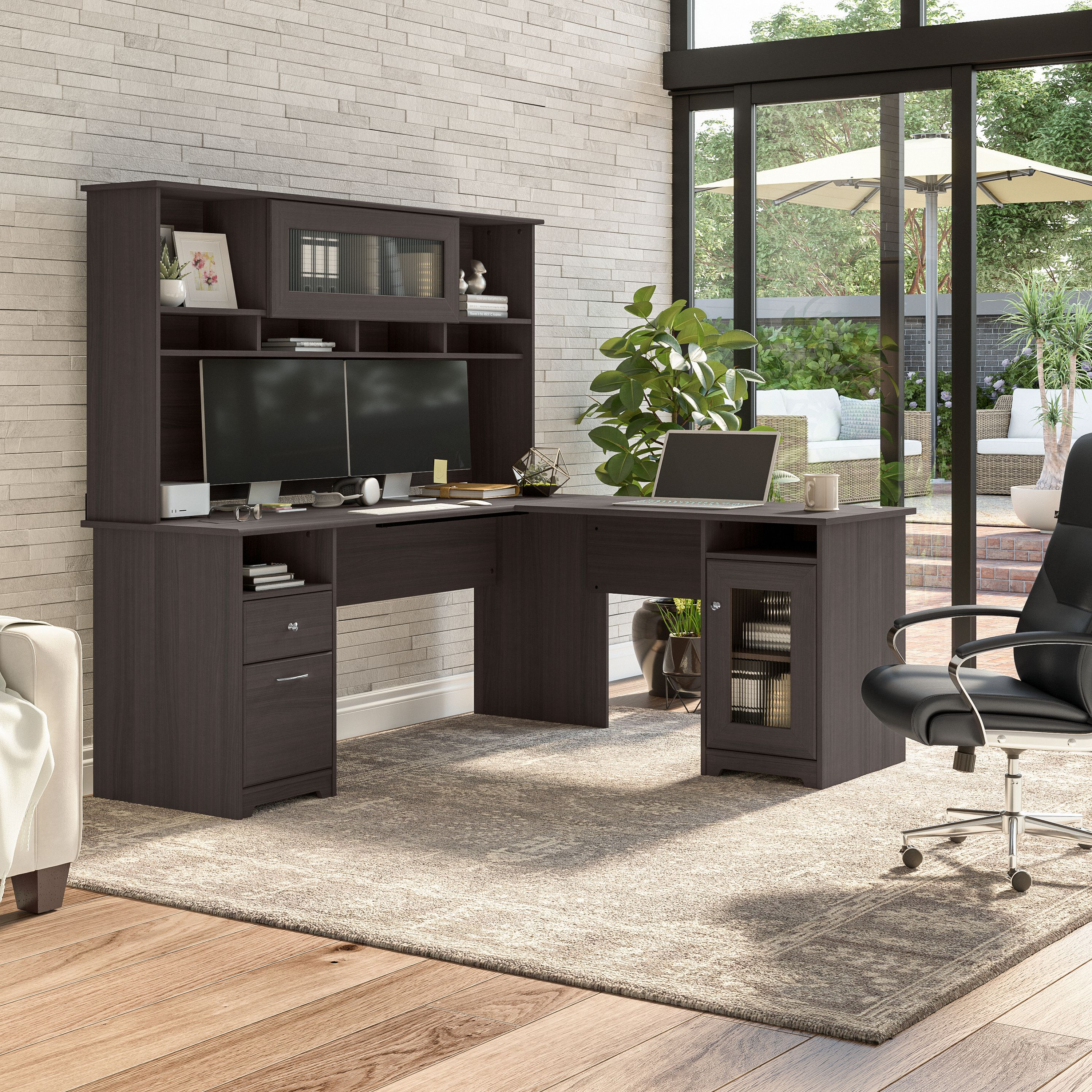 Shop Bush Furniture Cabot 72W L Shaped Computer Desk with Hutch and Storage 01 CAB073HRG #color_heather gray