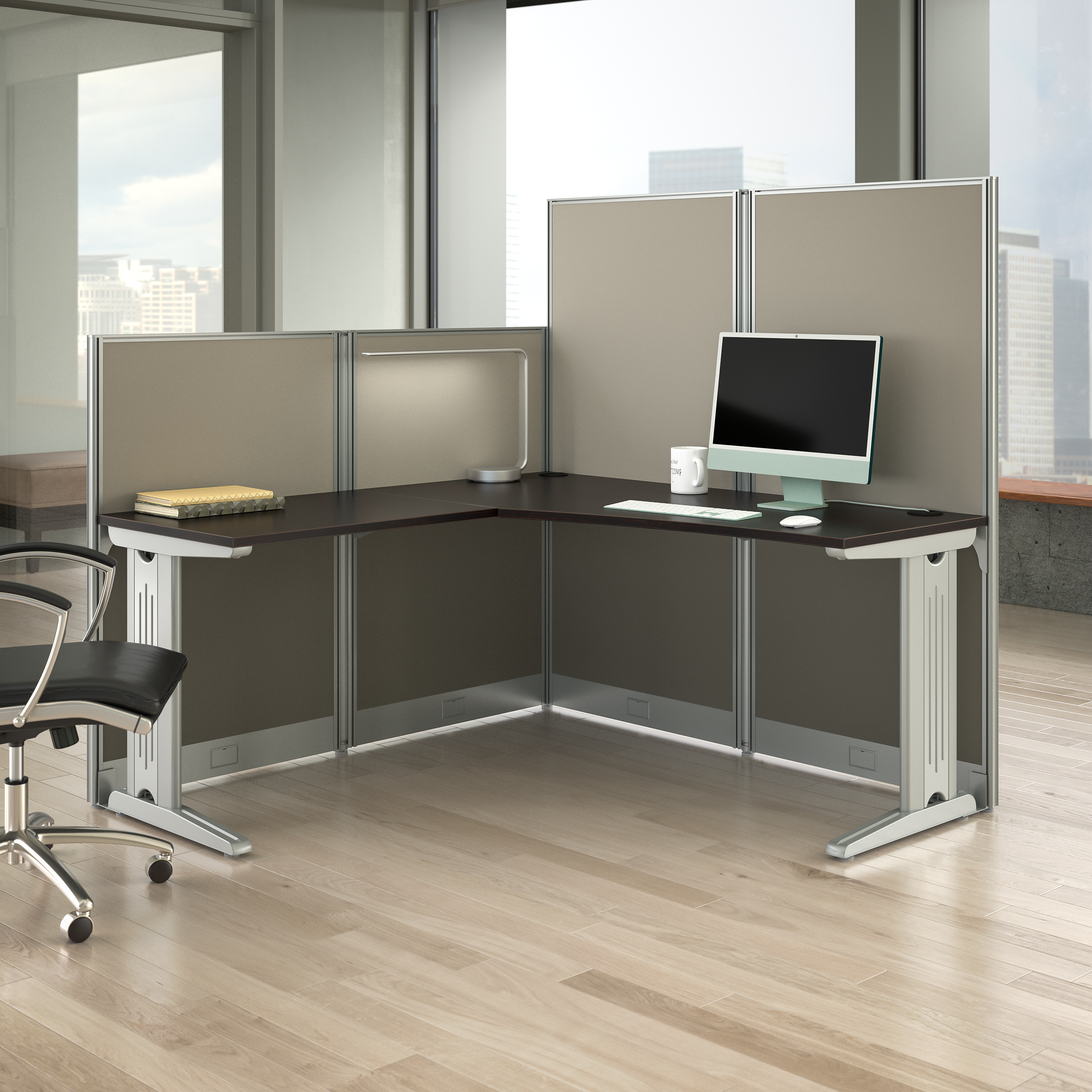 Shop Bush Business Furniture Office in an Hour 65W x 65D L Shaped Cubicle Desk 01 WC36894-03K #color_mocha cherry