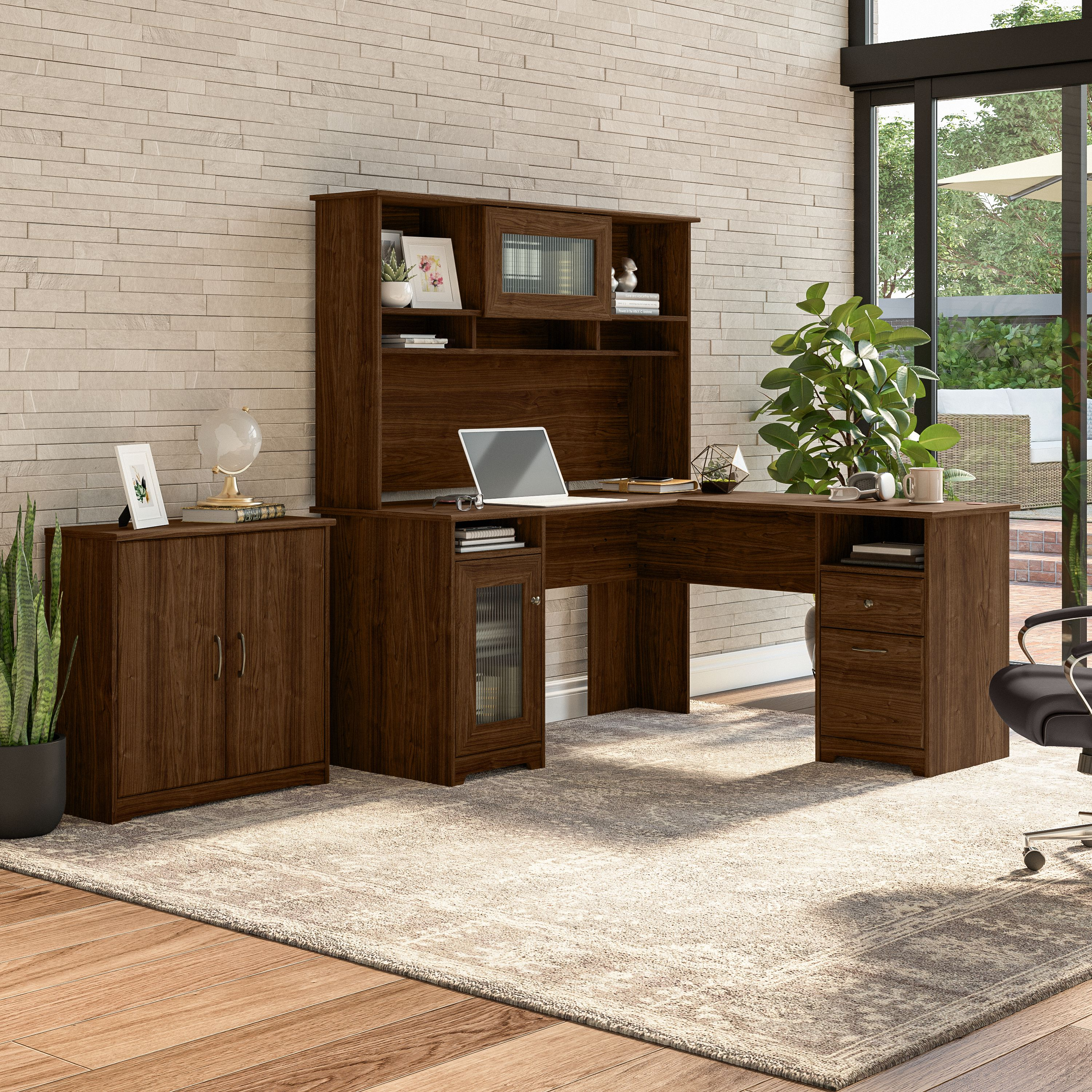 Shop Bush Furniture Cabot 60W L Shaped Computer Desk with Hutch and Small Storage Cabinet 01 CAB016MW #color_modern walnut