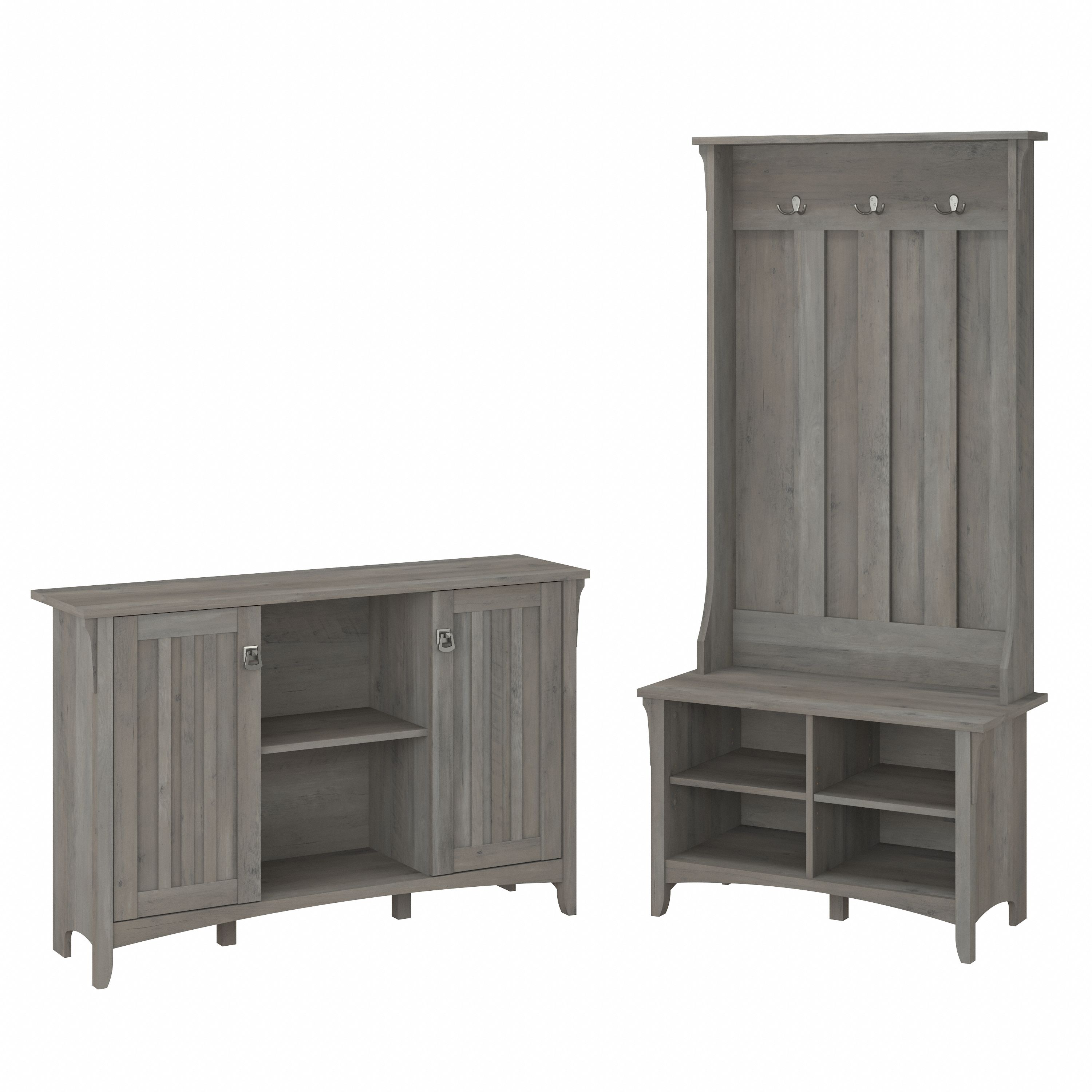 Shop Bush Furniture Salinas Entryway Storage Set with Hall Tree, Shoe Bench and Accent Cabinet 02 SAL008DG #color_driftwood gray