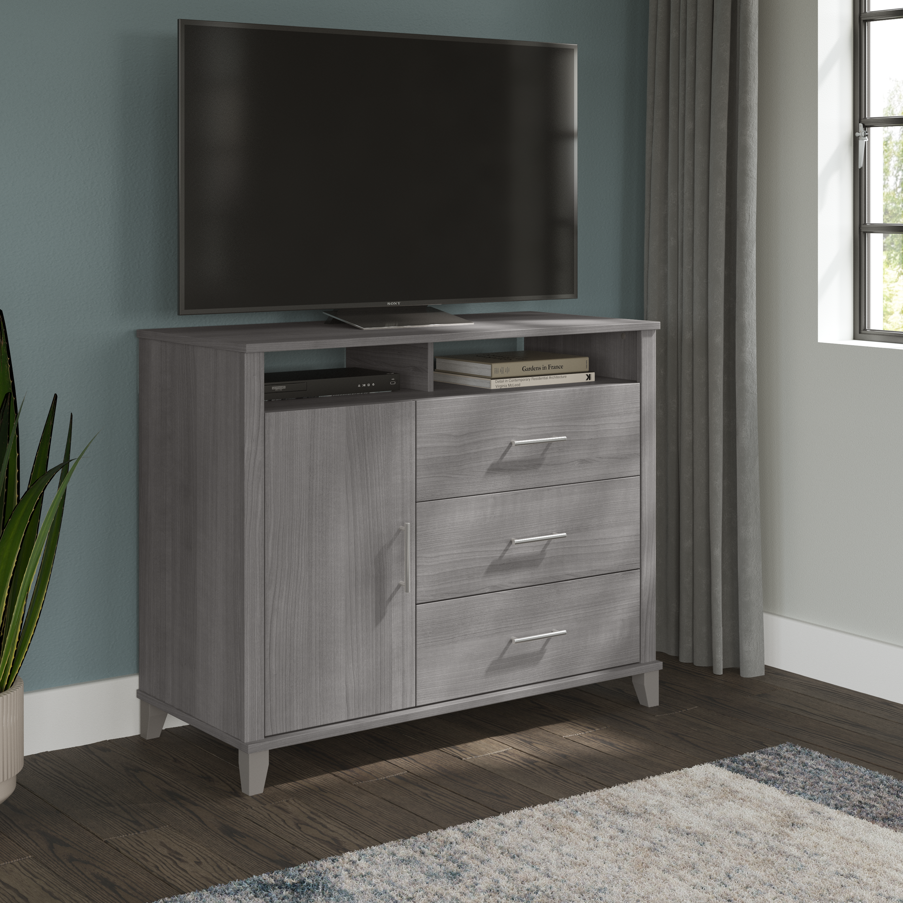 Shop Bush Furniture Somerset 3 Drawer Dresser and Bedroom TV Stand 01 STV148PGK #color_platinum gray