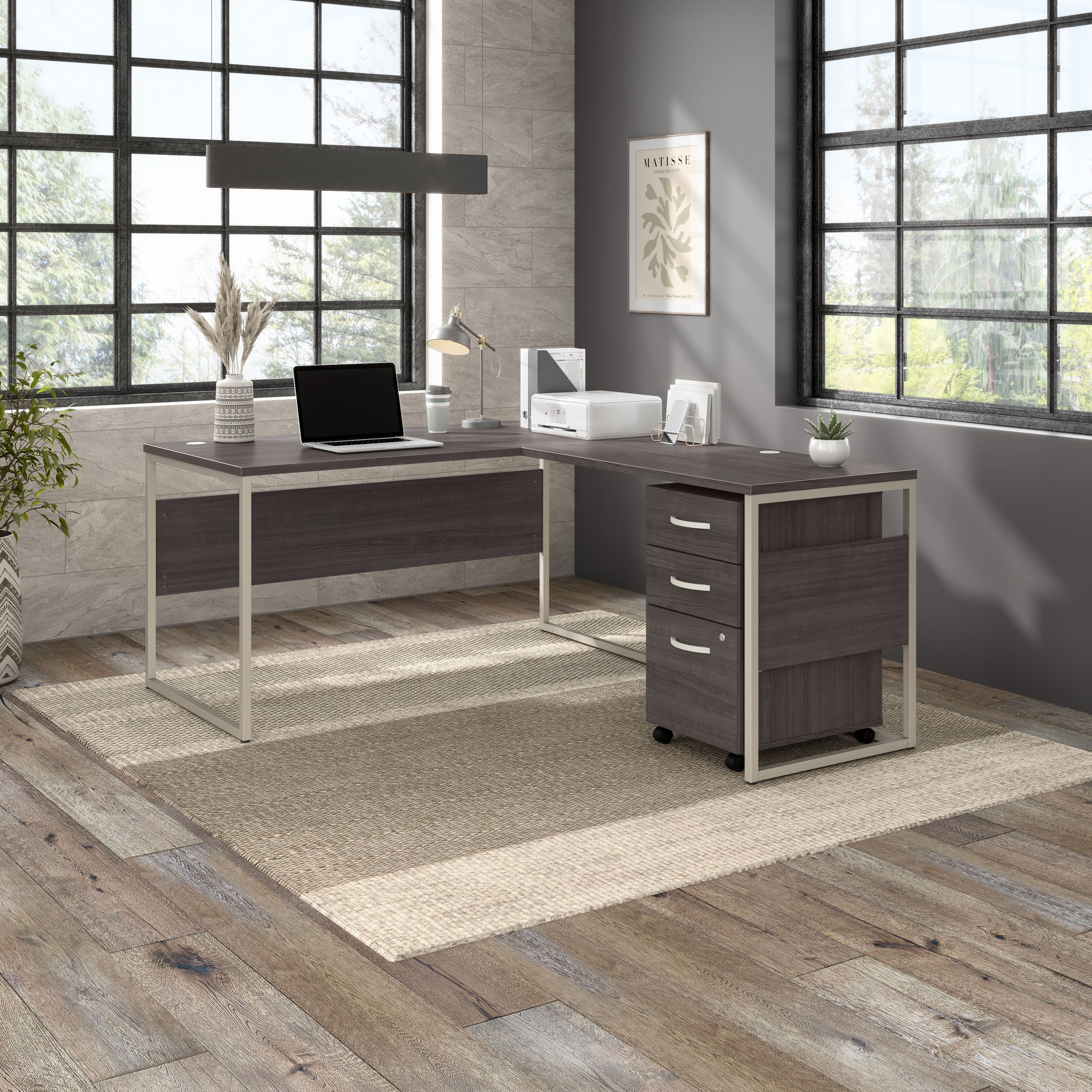 Shop Bush Business Furniture Hybrid 60W x 30D L Shaped Table Desk with Mobile File Cabinet 01 HYB029SGSU #color_storm gray