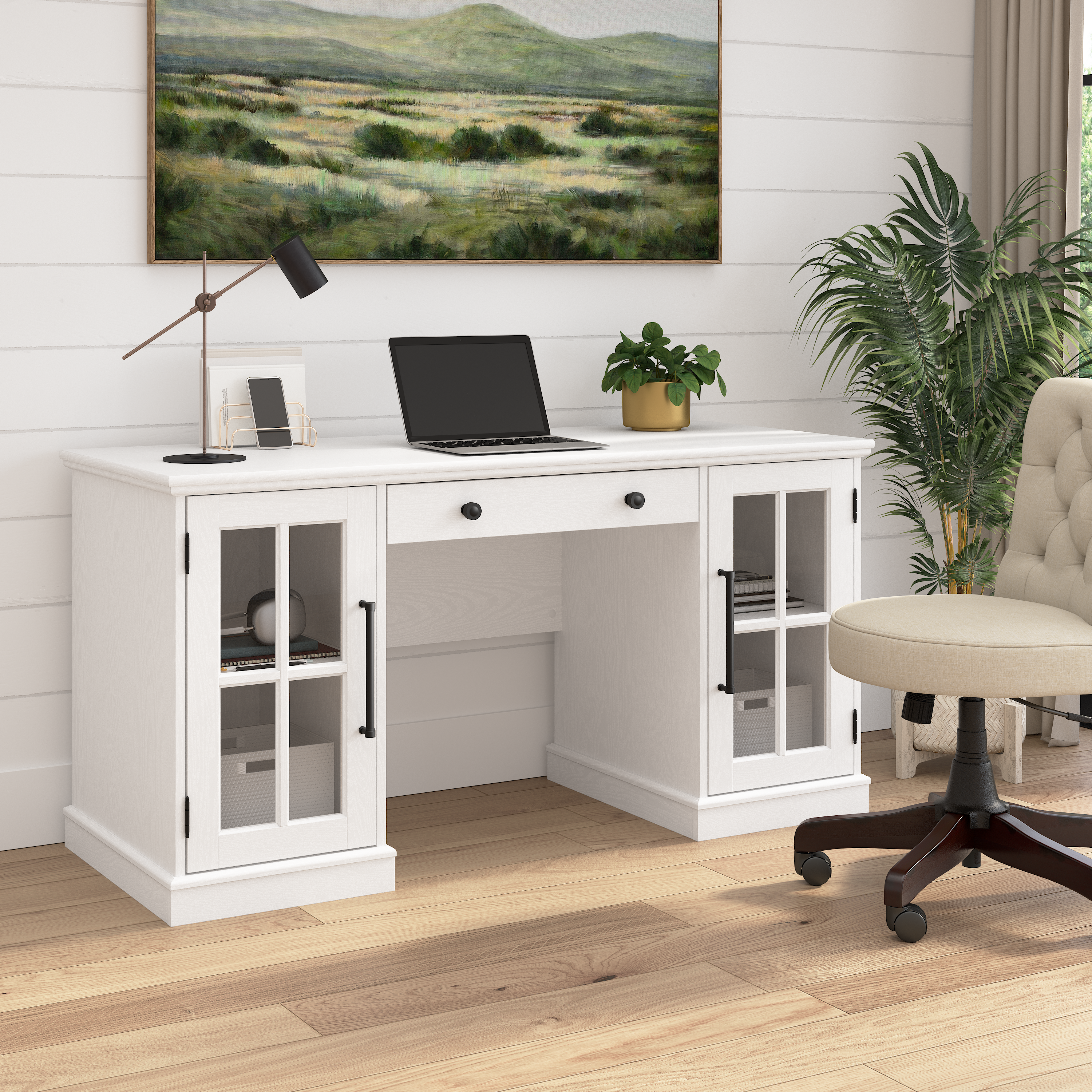 Shop Bush Furniture Westbrook 60W Computer Desk with Storage and Keyboard Tray 01 WBD160WAS-03K #color_white ash