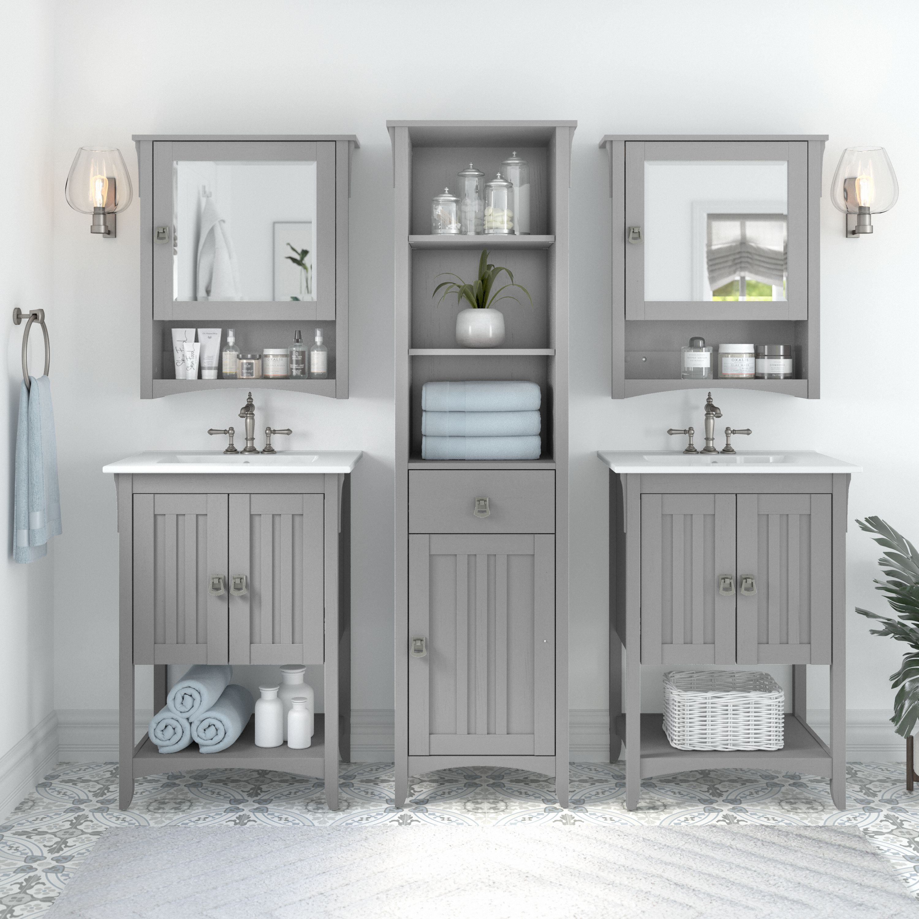 Shop Bush Furniture Salinas 48W Double Vanity Set with Sinks, Medicine Cabinets and Linen Tower 01 SAL034CG #color_cape cod gray