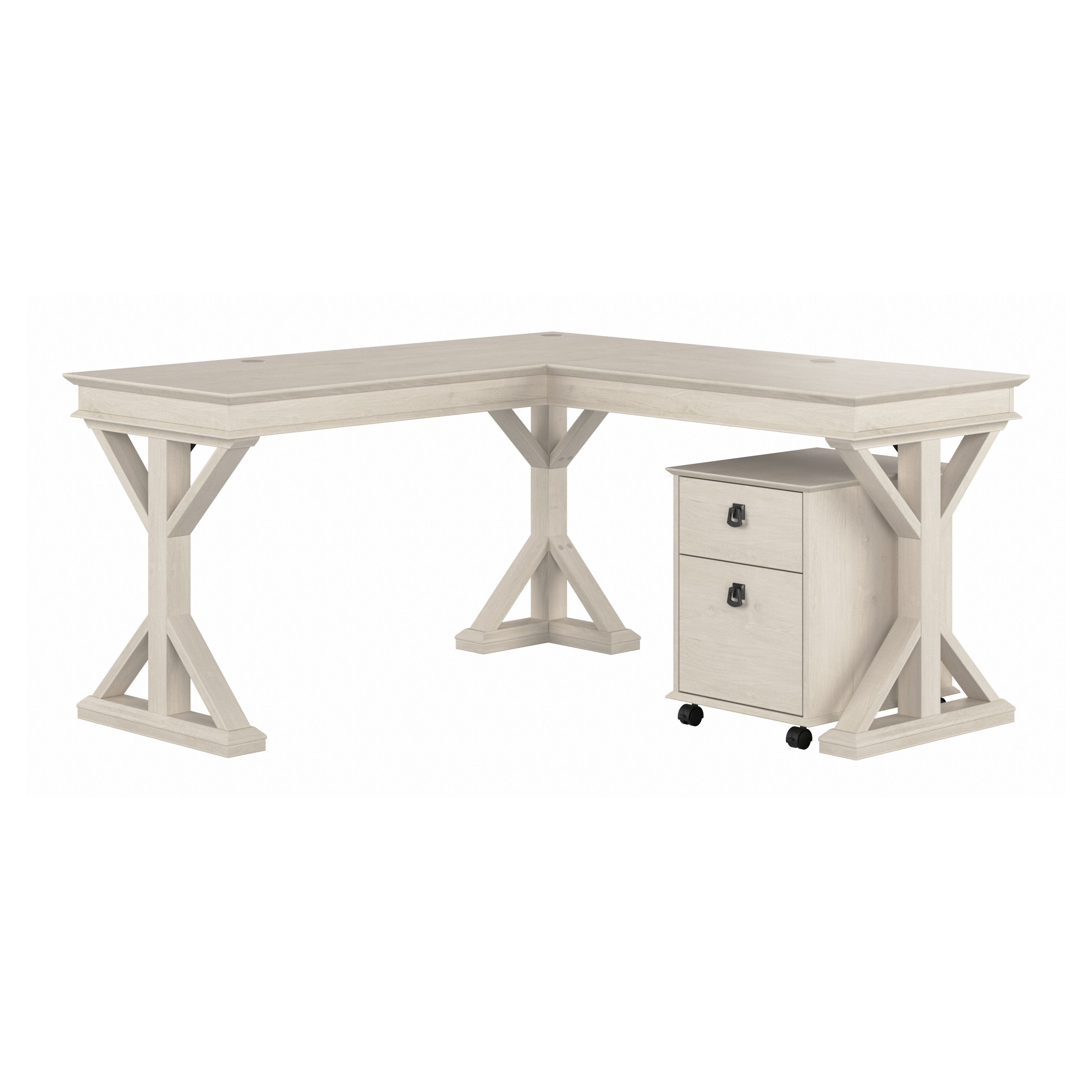 Shop Bush Furniture Homestead 60W Farmhouse L Shaped Desk with Mobile File Cabinet 02 HOT002LW #color_linen white oak